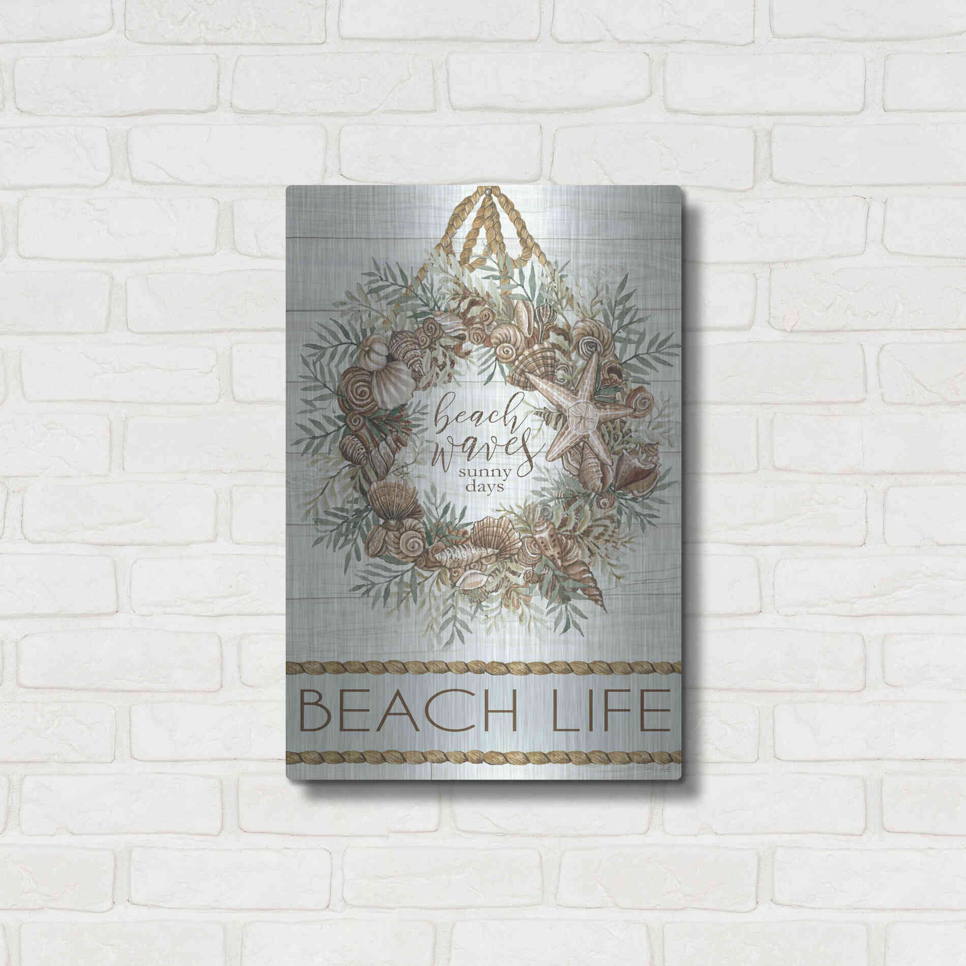 Luxe Metal Art 'Beach Waves Wreath' by Cindy Jacobs, Metal Wall Art,16x24