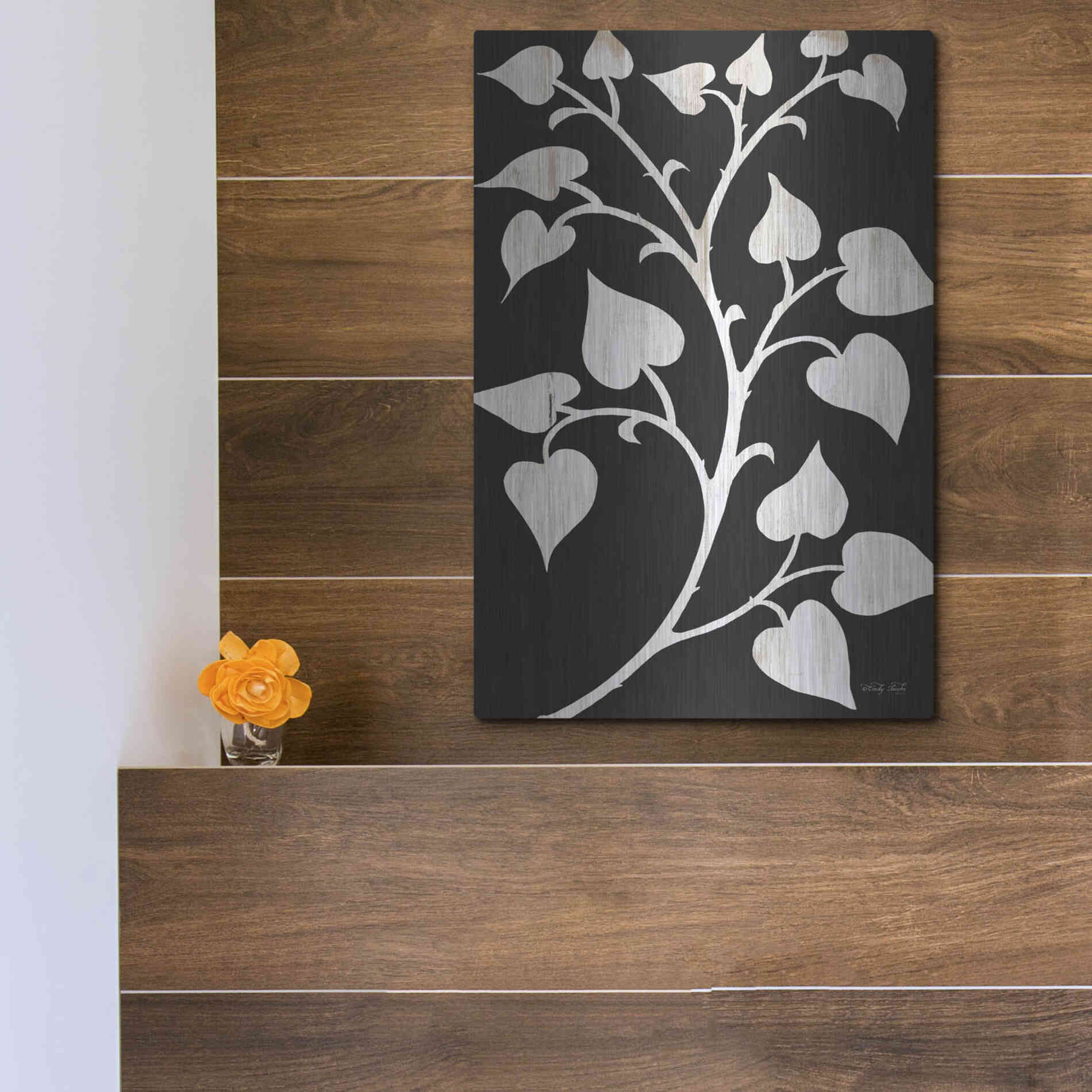 Luxe Metal Art 'Branch on Black I' by Cindy Jacobs, Metal Wall Art,12x16