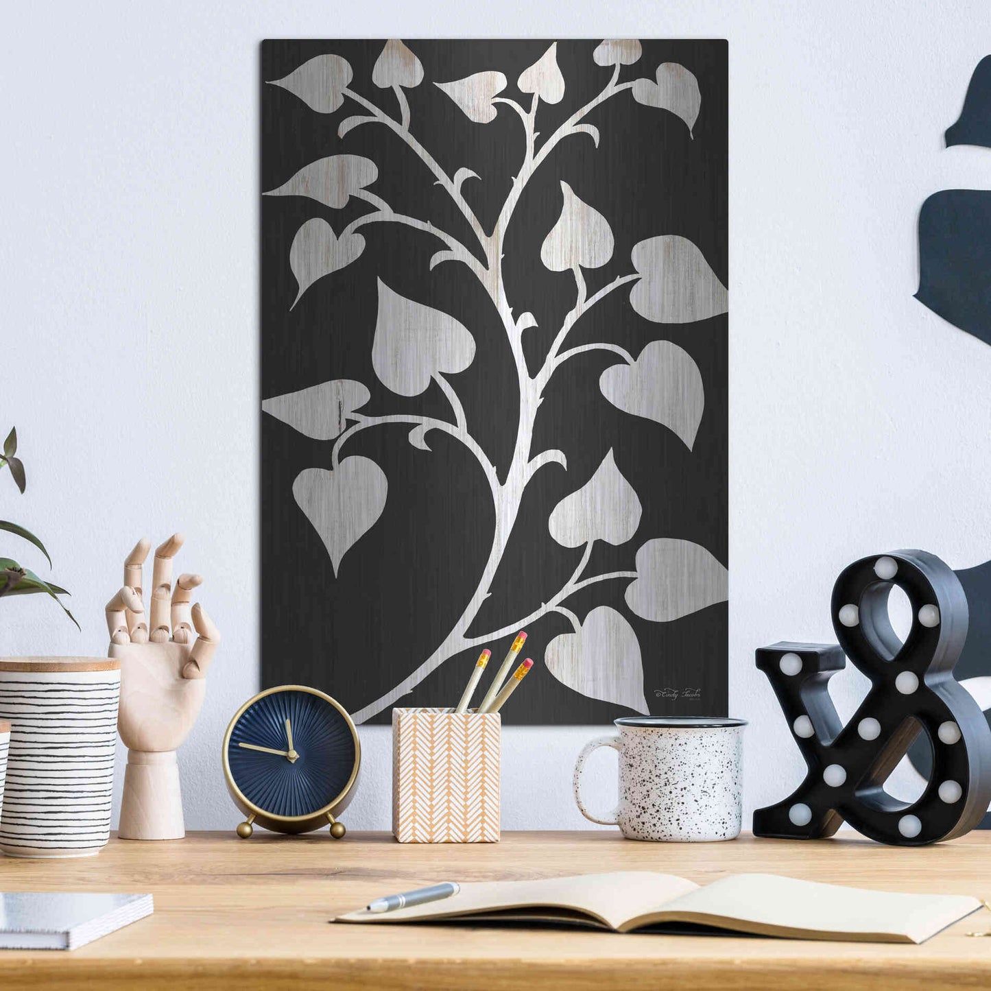 Luxe Metal Art 'Branch on Black I' by Cindy Jacobs, Metal Wall Art,12x16