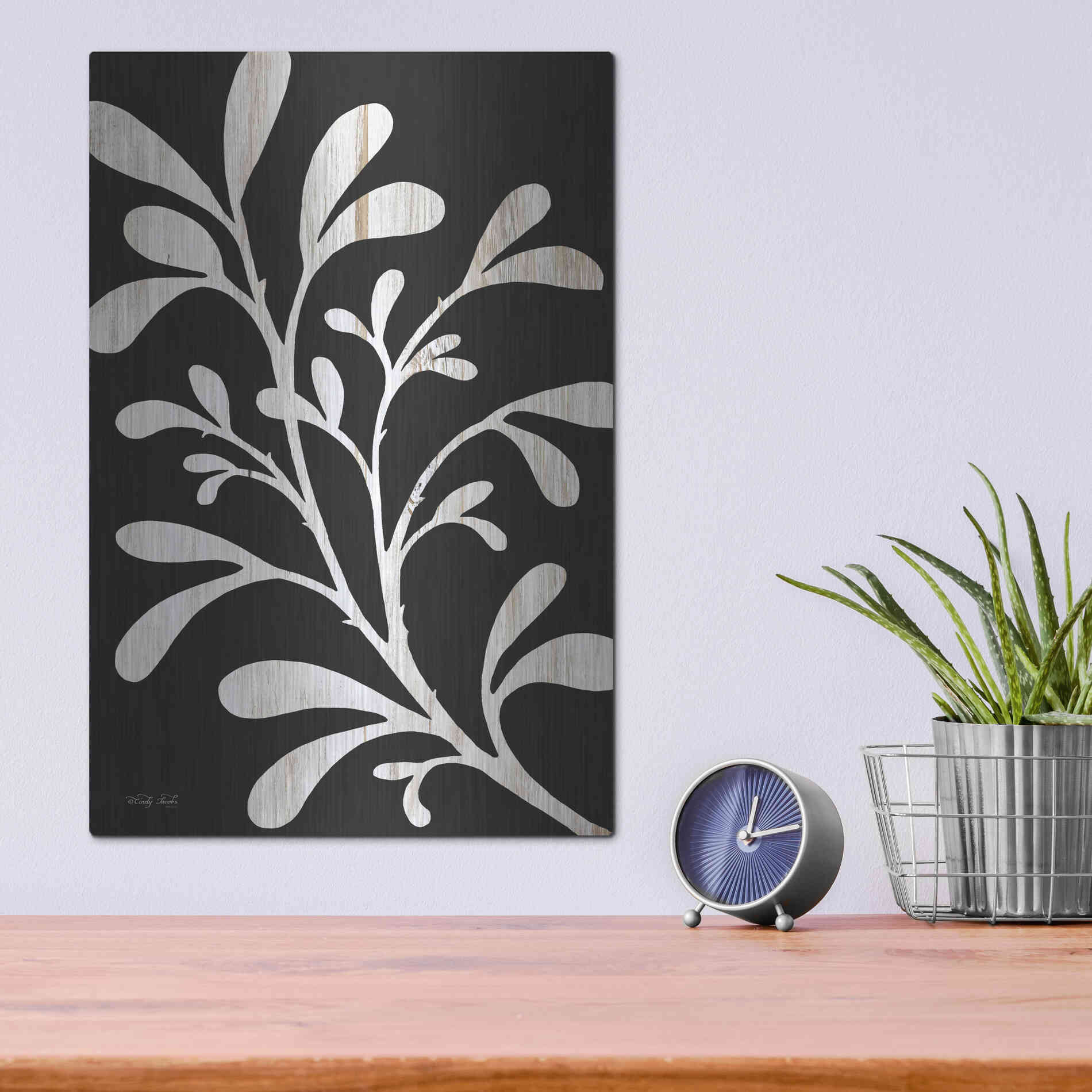 Luxe Metal Art 'Branch on Black II' by Cindy Jacobs, Metal Wall Art,12x16