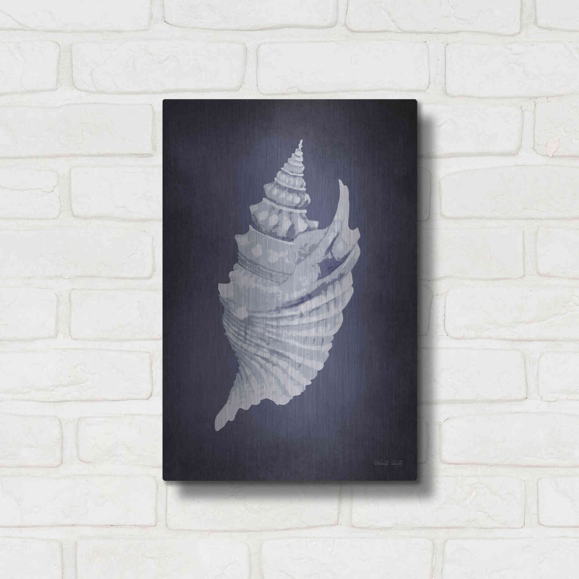 Luxe Metal Art 'Blue Seashell I' by Cindy Jacobs, Metal Wall Art,12x16