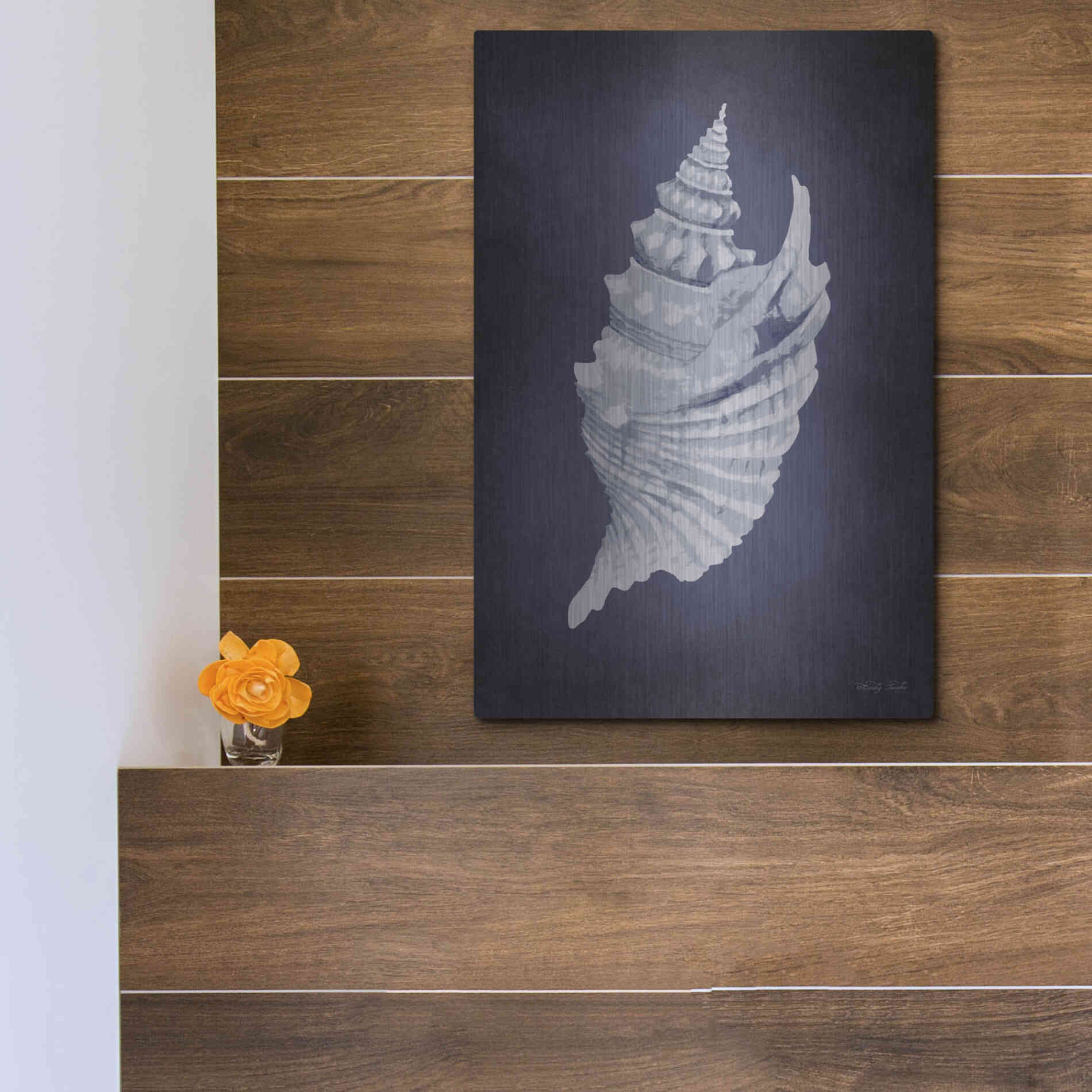 Luxe Metal Art 'Blue Seashell I' by Cindy Jacobs, Metal Wall Art,12x16