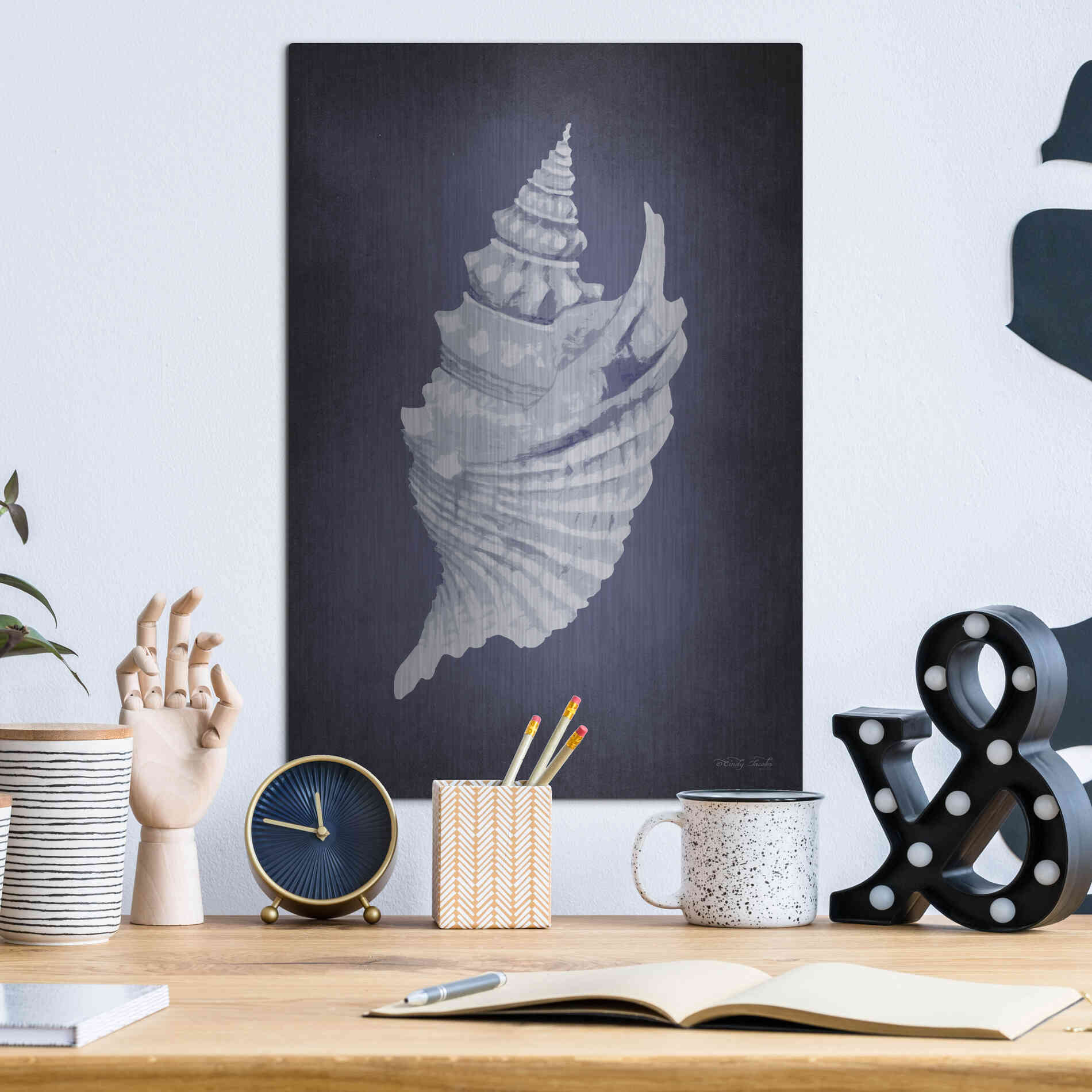Luxe Metal Art 'Blue Seashell I' by Cindy Jacobs, Metal Wall Art,12x16
