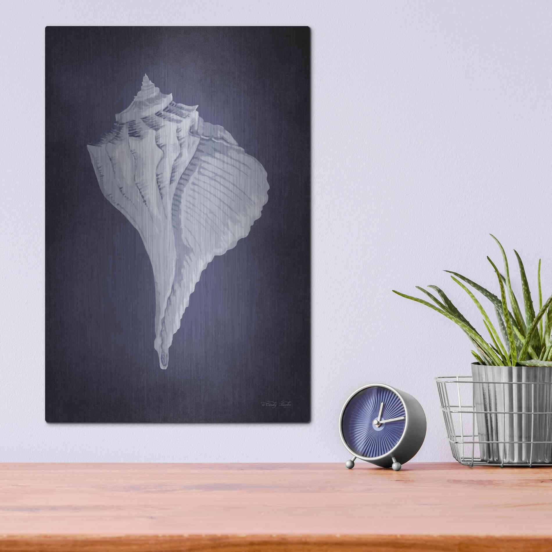 Luxe Metal Art 'Blue Seashell II' by Cindy Jacobs, Metal Wall Art,12x16