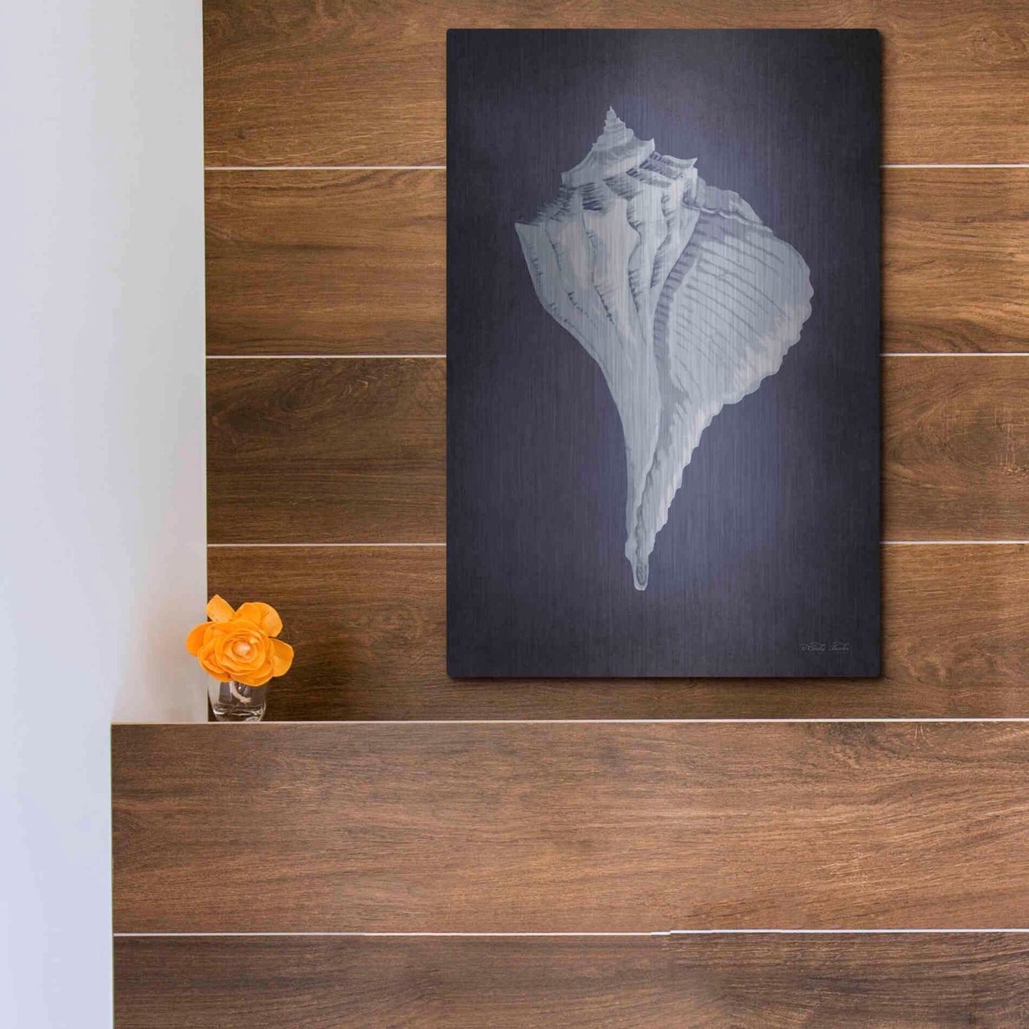 Luxe Metal Art 'Blue Seashell II' by Cindy Jacobs, Metal Wall Art,12x16