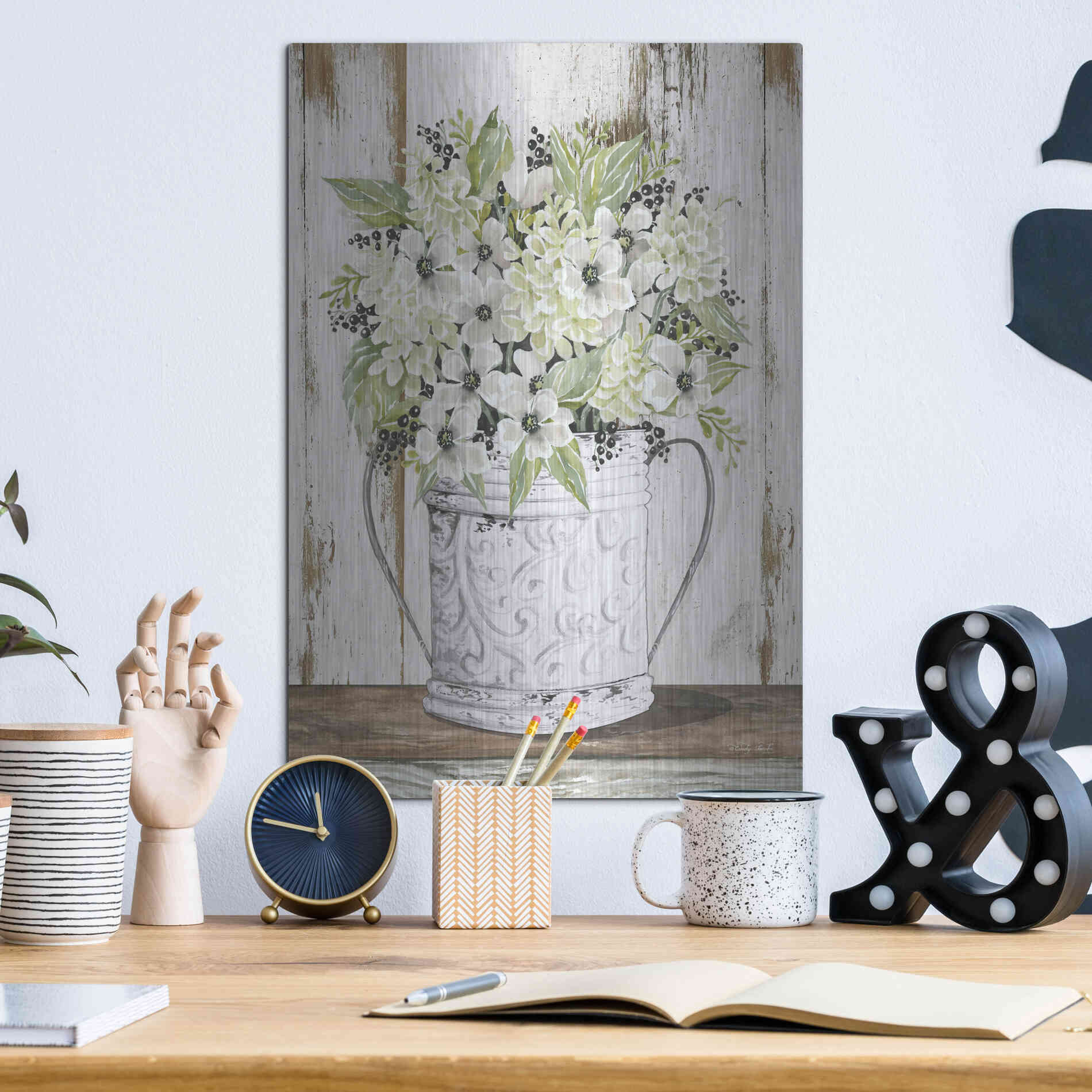 Luxe Metal Art 'White Floral Dreams' by Cindy Jacobs, Metal Wall Art,12x16