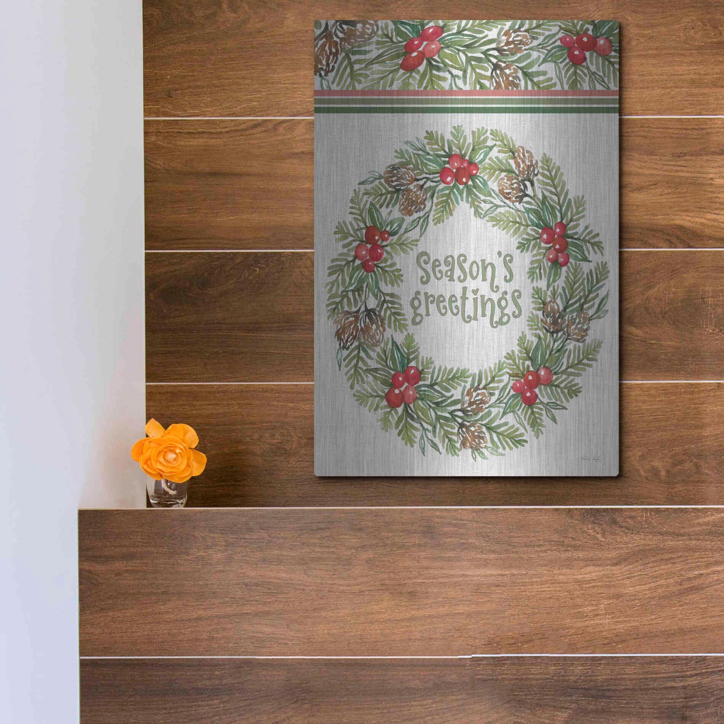 Luxe Metal Art 'Season's Greetings Wreath Design' by Cindy Jacobs, Metal Wall Art,12x16