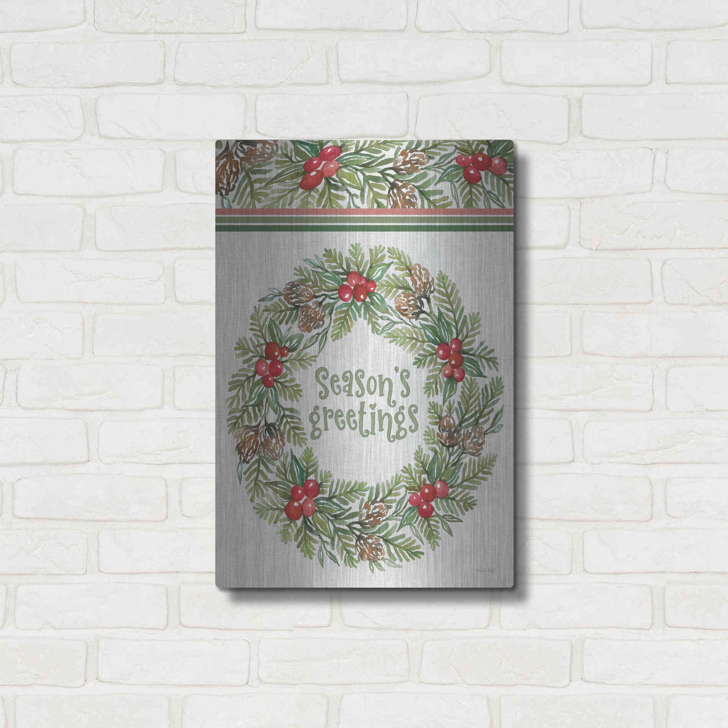 Luxe Metal Art 'Season's Greetings Wreath Design' by Cindy Jacobs, Metal Wall Art,16x24