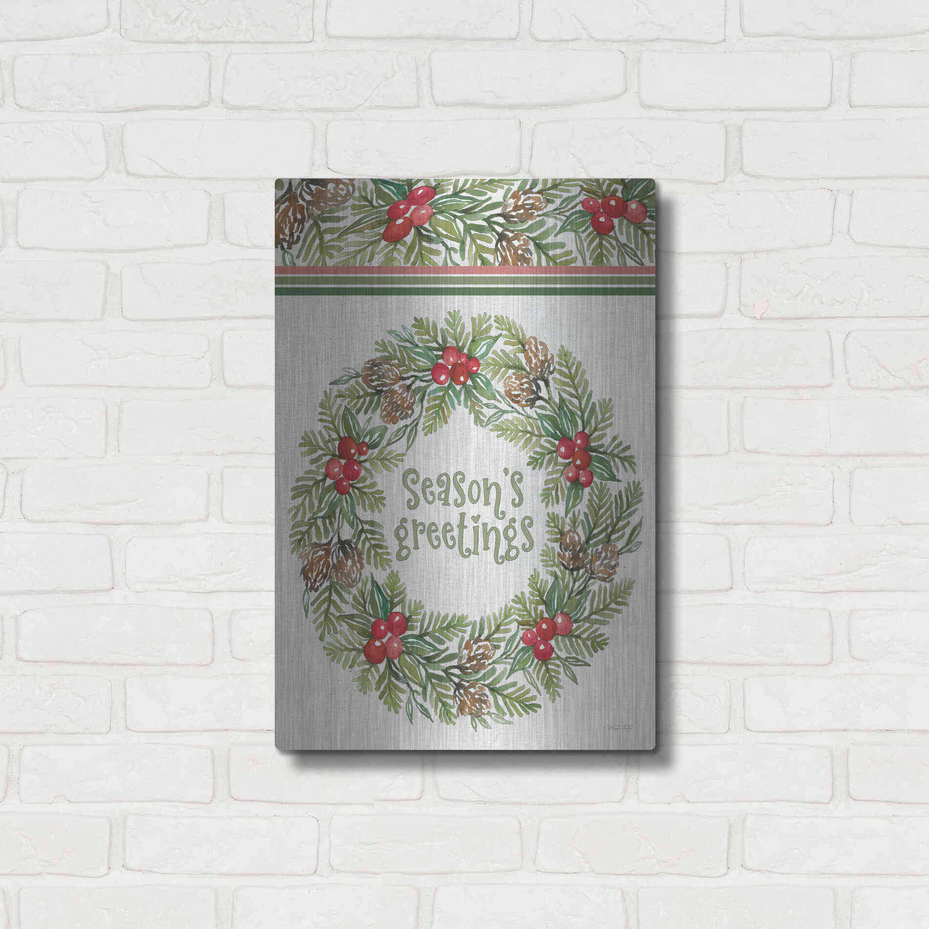 Luxe Metal Art 'Season's Greetings Wreath Design' by Cindy Jacobs, Metal Wall Art,16x24