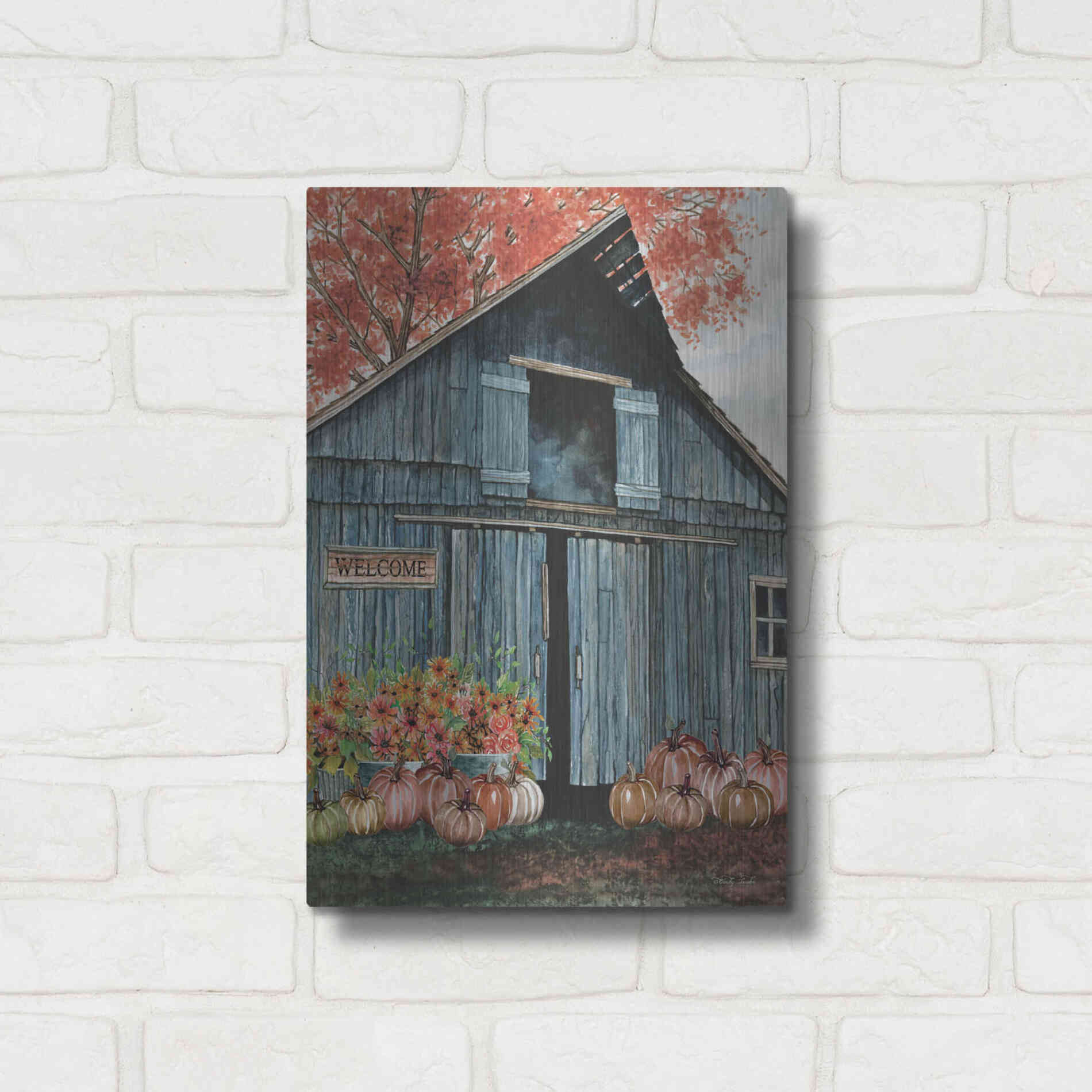 Luxe Metal Art 'Welcome Fall Barn' by Cindy Jacobs, Metal Wall Art,12x16