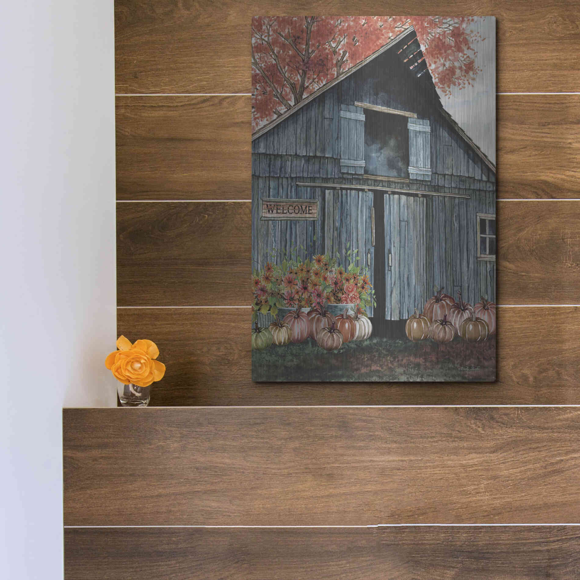 Luxe Metal Art 'Welcome Fall Barn' by Cindy Jacobs, Metal Wall Art,12x16