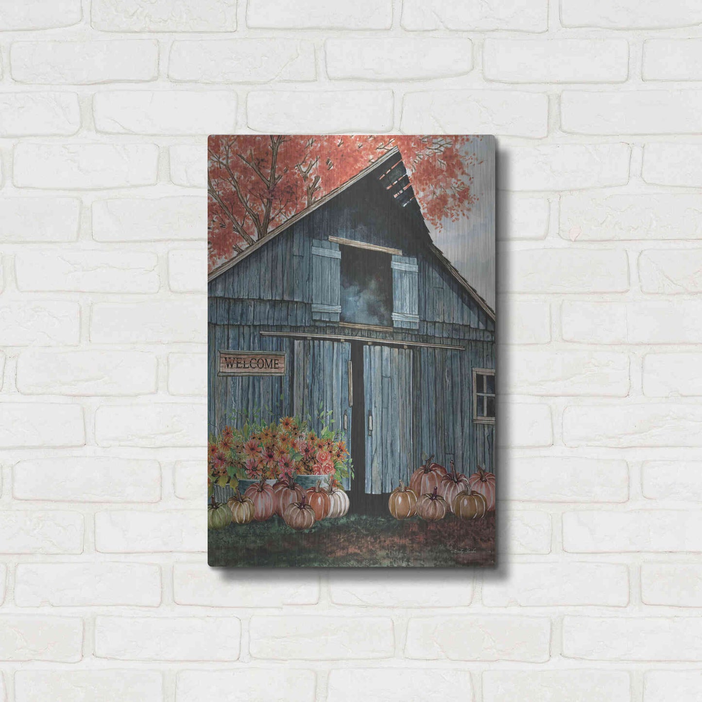 Luxe Metal Art 'Welcome Fall Barn' by Cindy Jacobs, Metal Wall Art,16x24