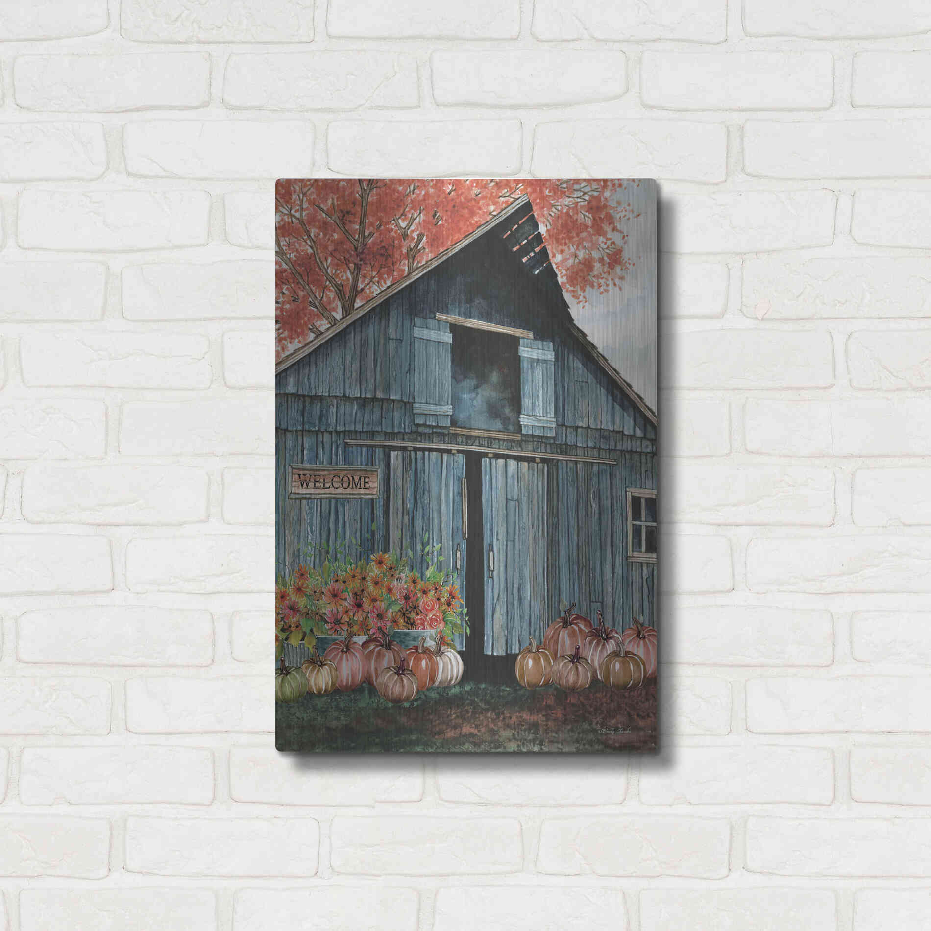 Luxe Metal Art 'Welcome Fall Barn' by Cindy Jacobs, Metal Wall Art,16x24