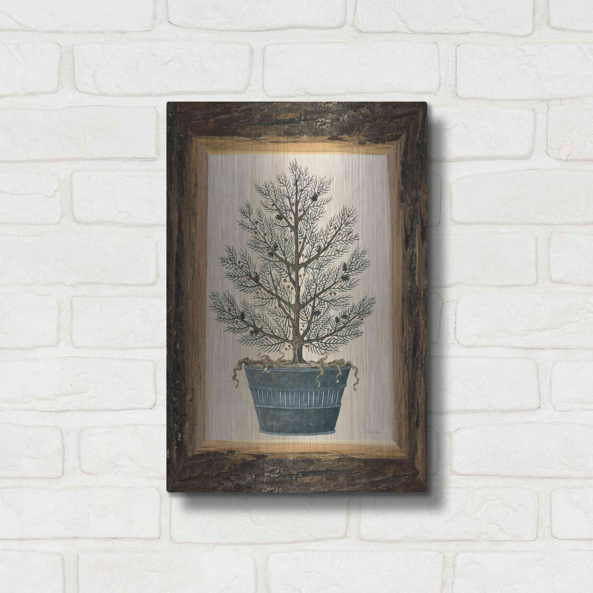 Luxe Metal Art 'Wood Land Potted Tree I' by Cindy Jacobs, Metal Wall Art,12x16