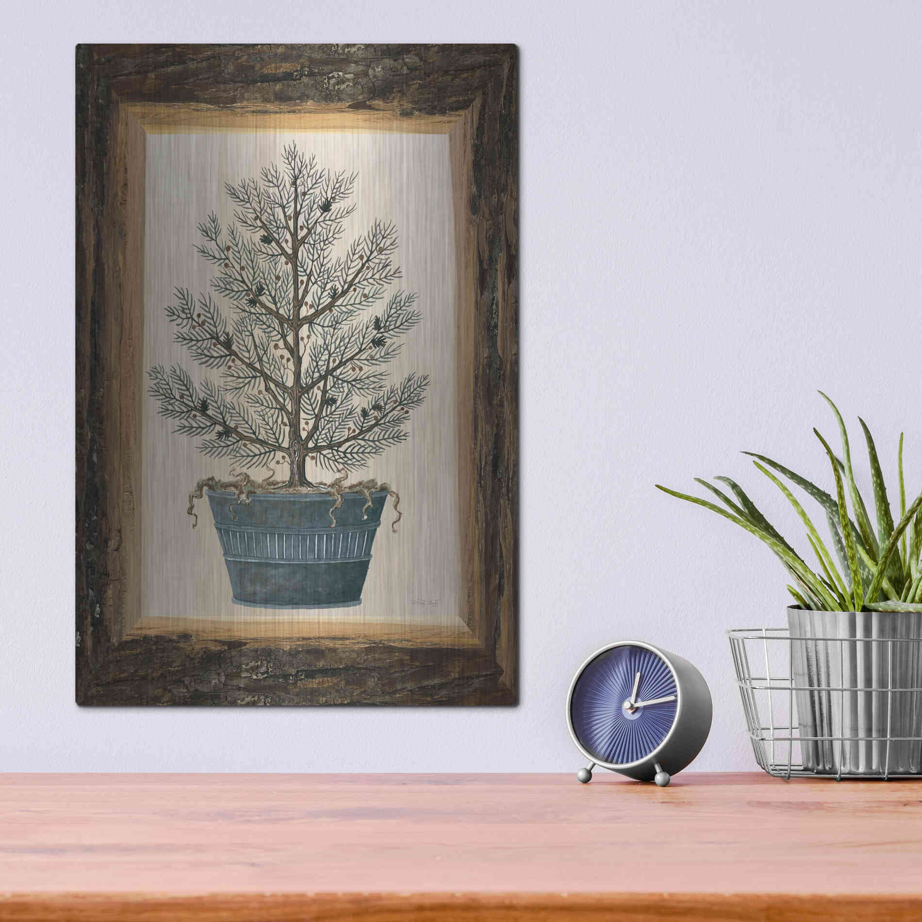 Luxe Metal Art 'Wood Land Potted Tree I' by Cindy Jacobs, Metal Wall Art,12x16