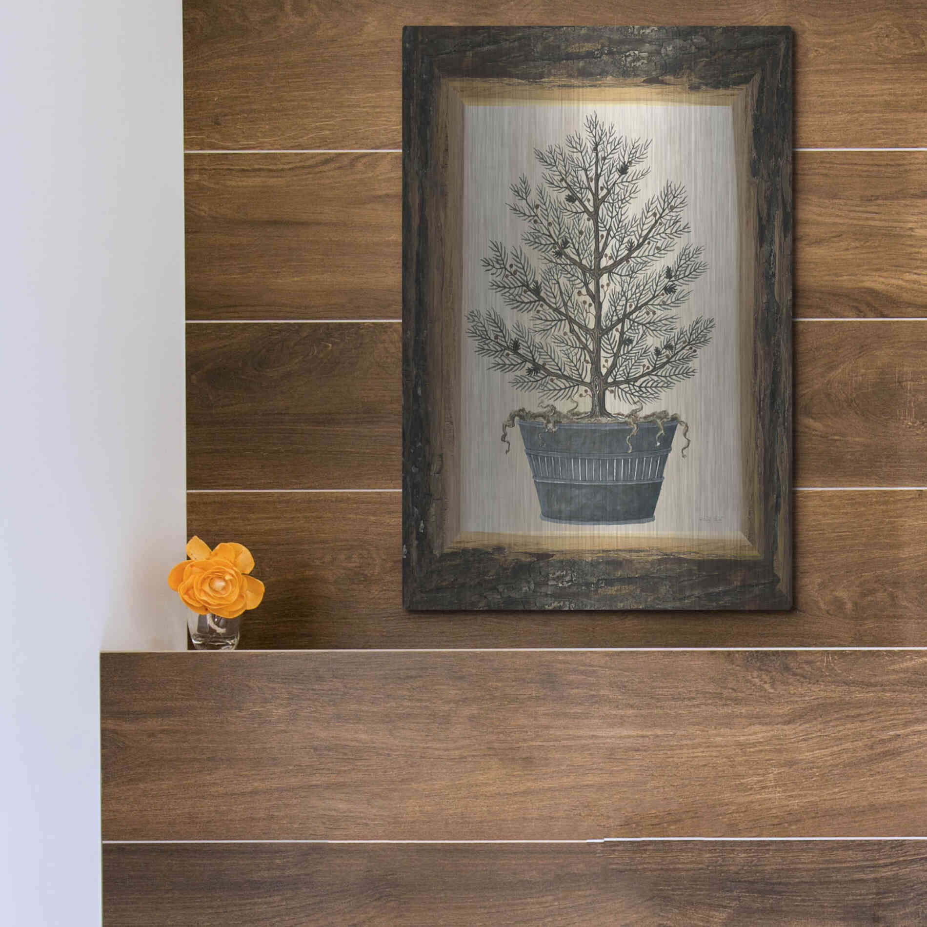 Luxe Metal Art 'Wood Land Potted Tree I' by Cindy Jacobs, Metal Wall Art,12x16