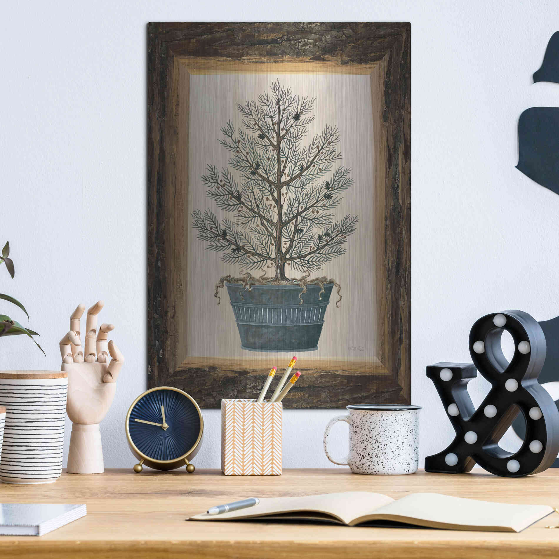 Luxe Metal Art 'Wood Land Potted Tree I' by Cindy Jacobs, Metal Wall Art,12x16