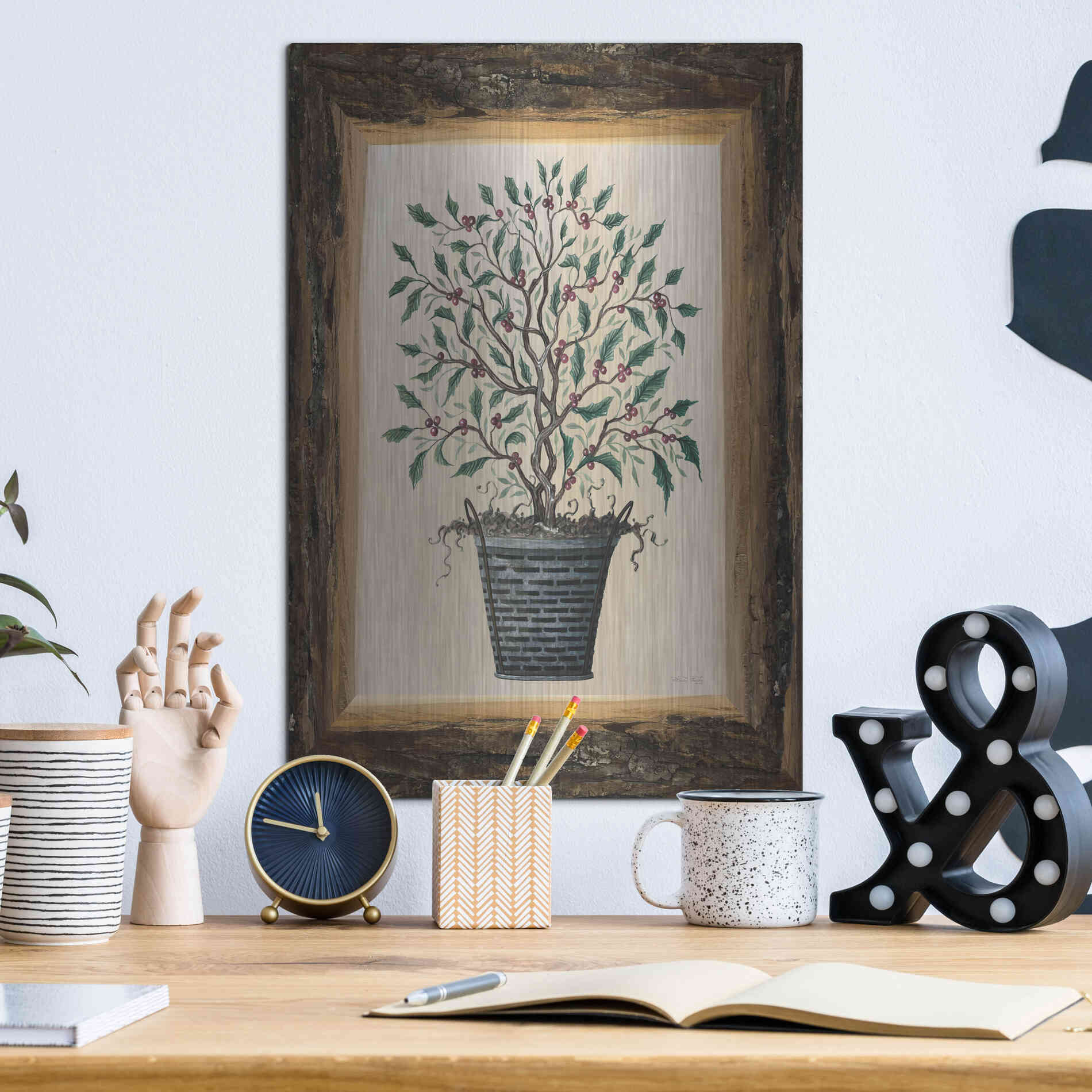 Luxe Metal Art 'Wood Land Potted Tree III' by Cindy Jacobs, Metal Wall Art,12x16