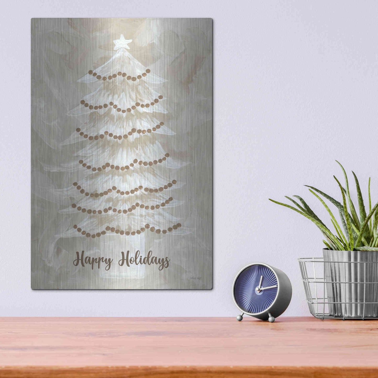 Luxe Metal Art 'Winter Whisper Happy Holidays Tree' by Cindy Jacobs, Metal Wall Art,12x16