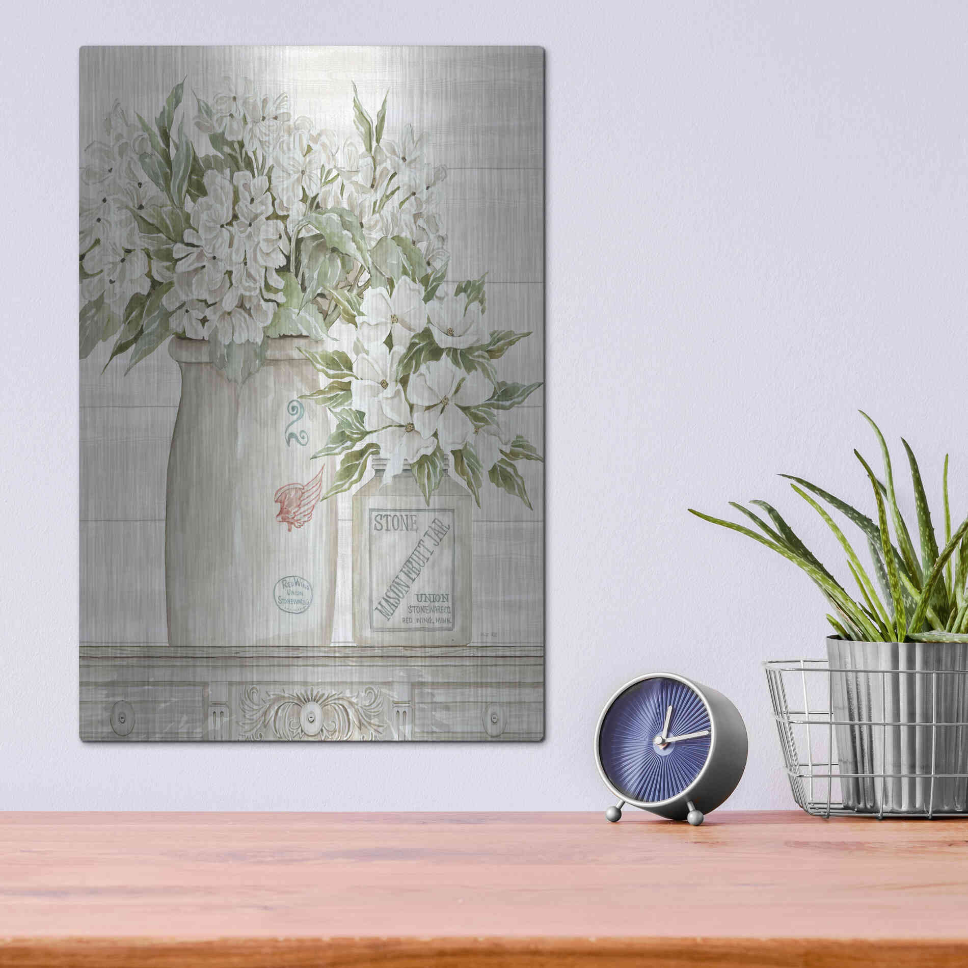 Luxe Metal Art 'Floral Country Crocks' by Cindy Jacobs, Metal Wall Art,12x16