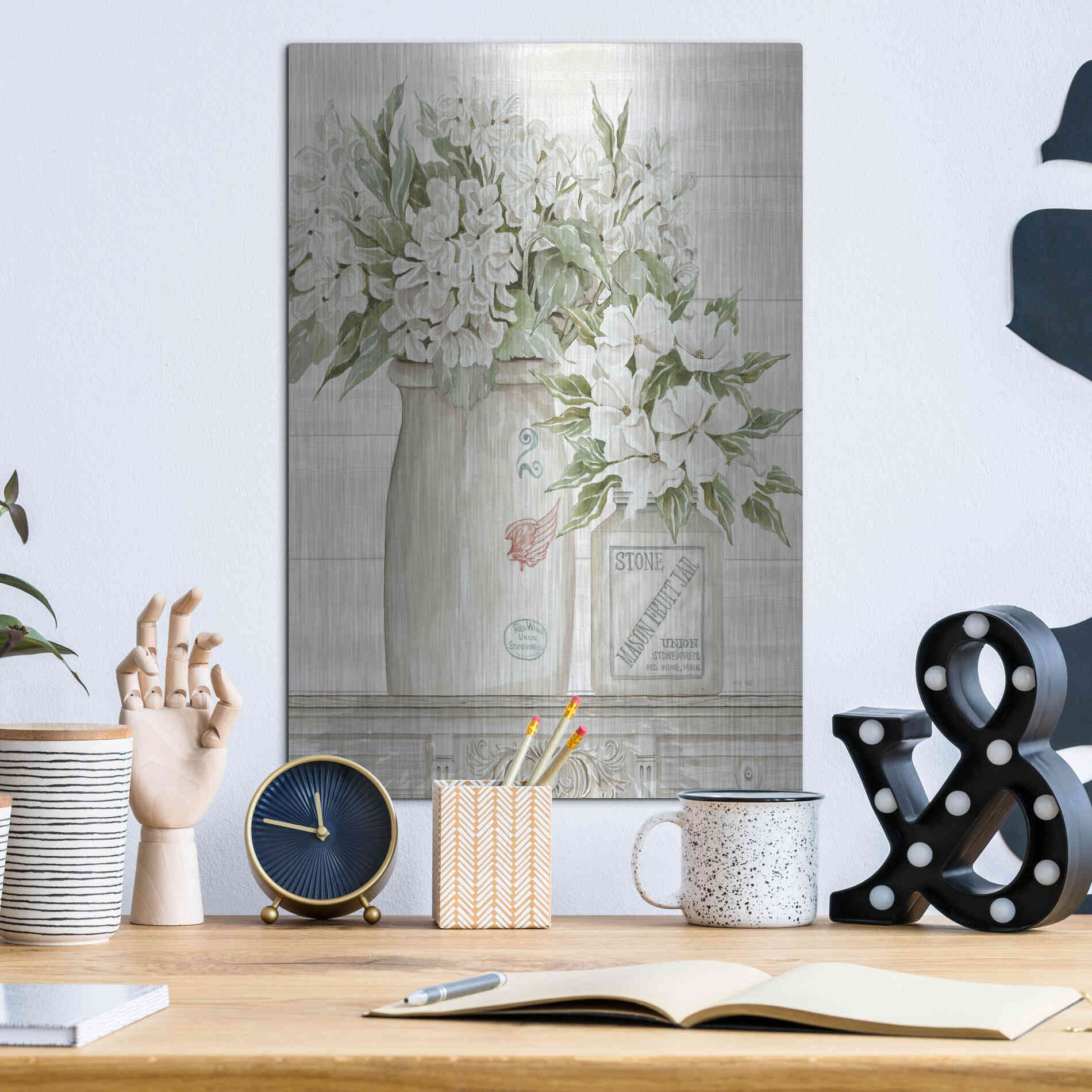 Luxe Metal Art 'Floral Country Crocks' by Cindy Jacobs, Metal Wall Art,12x16