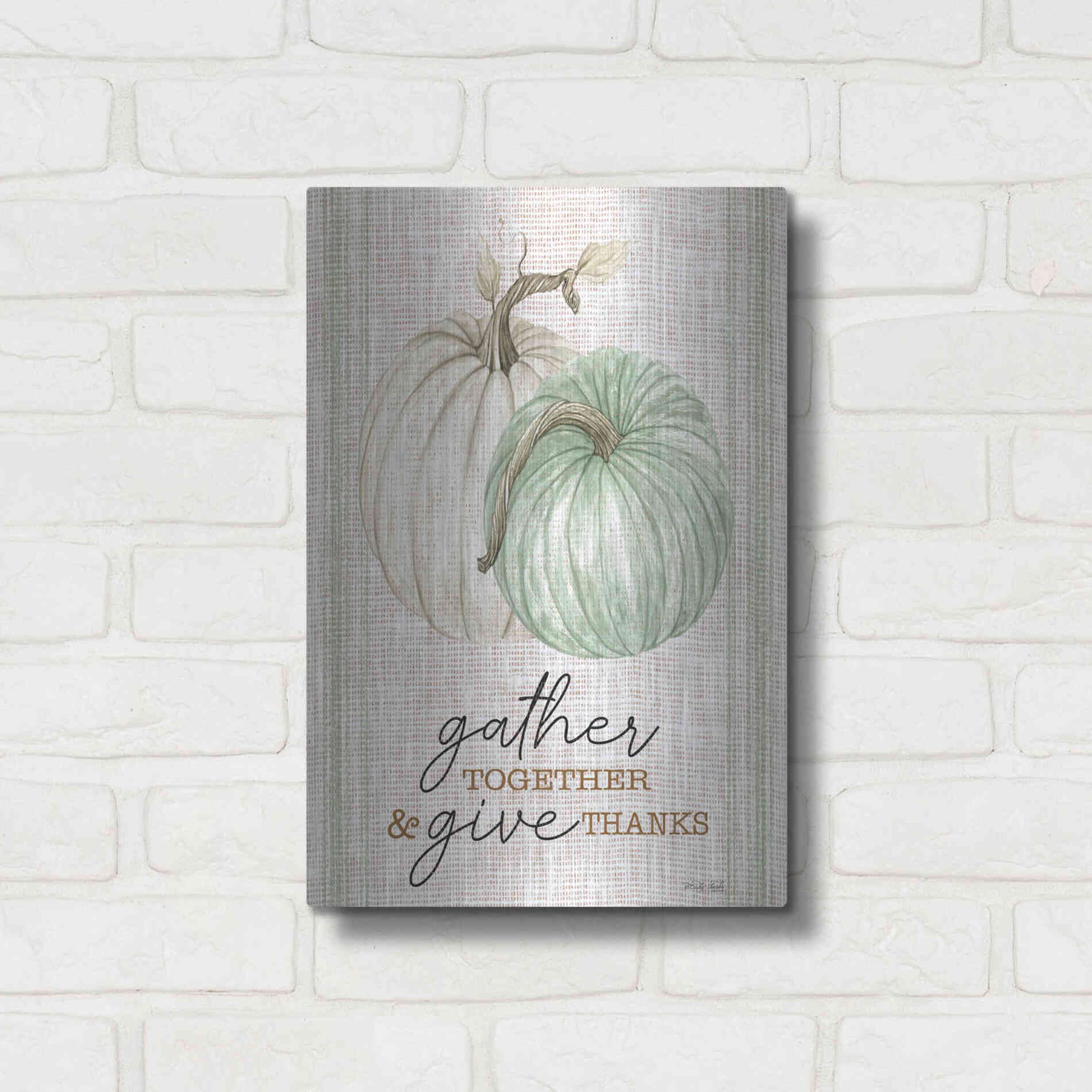 Luxe Metal Art 'Grain Sack Gather and Give Thanks' by Cindy Jacobs, Metal Wall Art,12x16