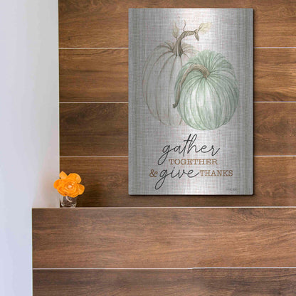 Luxe Metal Art 'Grain Sack Gather and Give Thanks' by Cindy Jacobs, Metal Wall Art,12x16