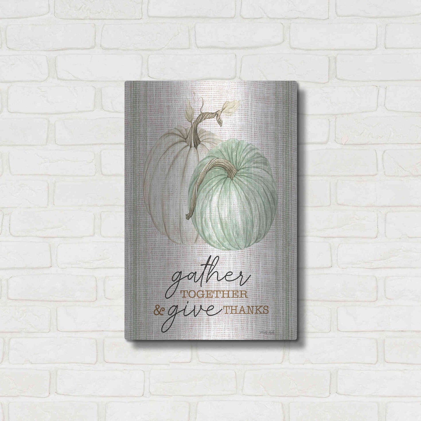 Luxe Metal Art 'Grain Sack Gather and Give Thanks' by Cindy Jacobs, Metal Wall Art,16x24