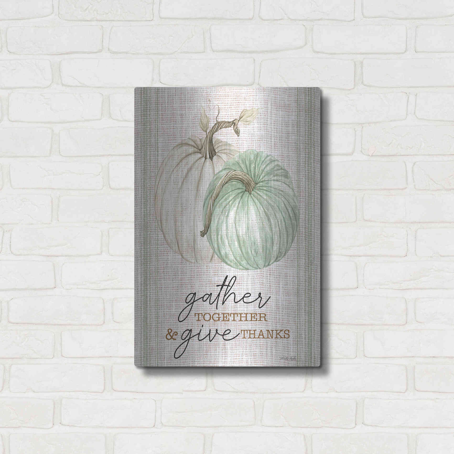 Luxe Metal Art 'Grain Sack Gather and Give Thanks' by Cindy Jacobs, Metal Wall Art,16x24