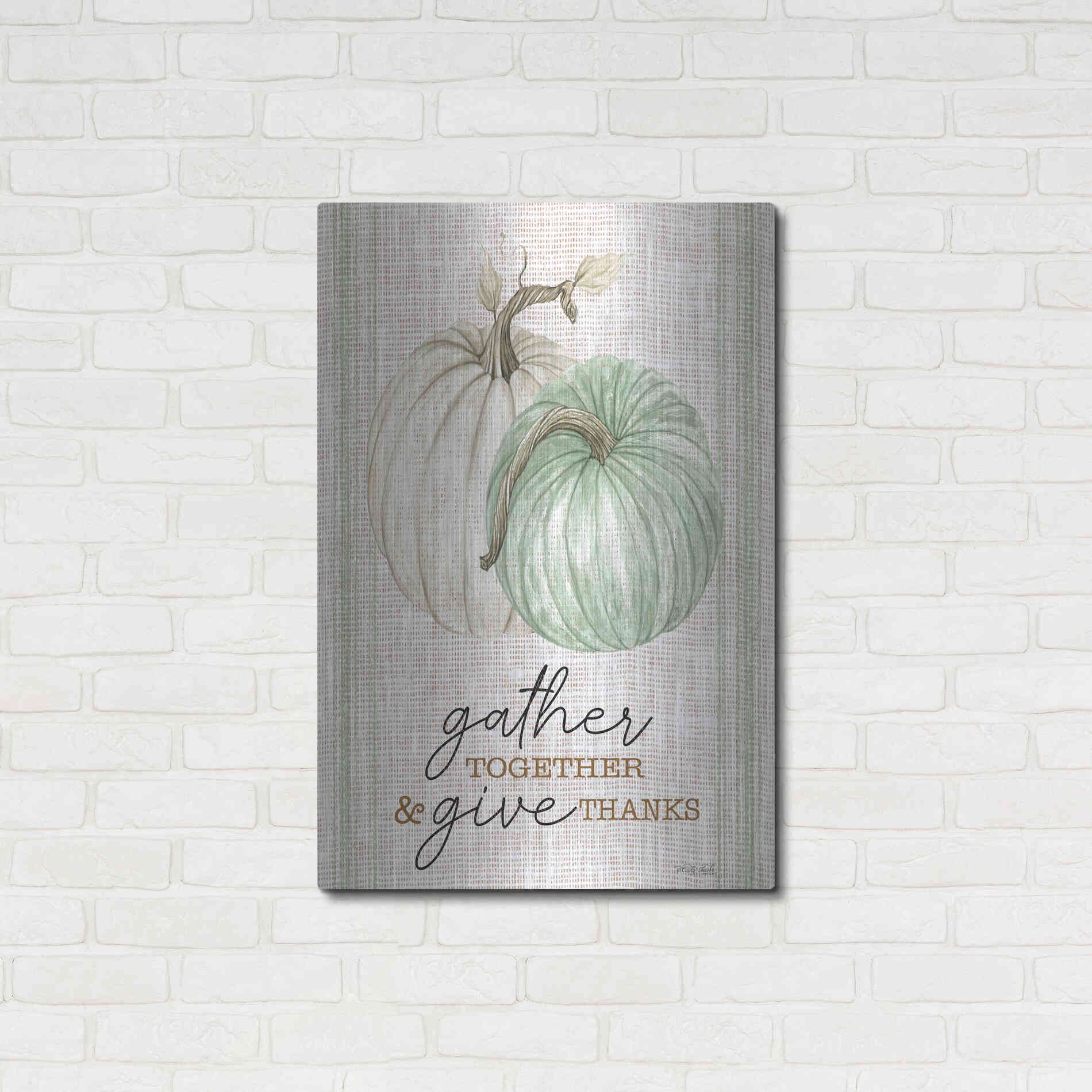 Luxe Metal Art 'Grain Sack Gather and Give Thanks' by Cindy Jacobs, Metal Wall Art,24x36