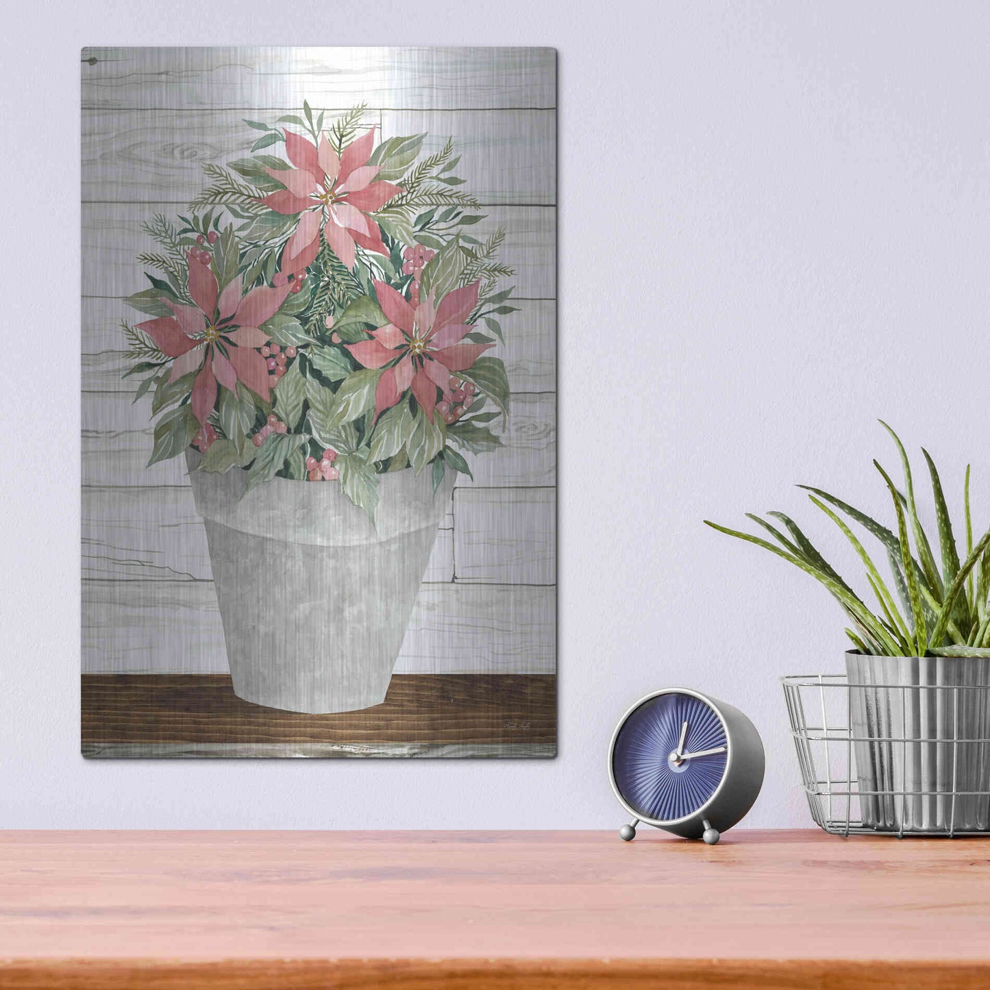 Luxe Metal Art 'Pot of Poinsettias' by Cindy Jacobs, Metal Wall Art,12x16