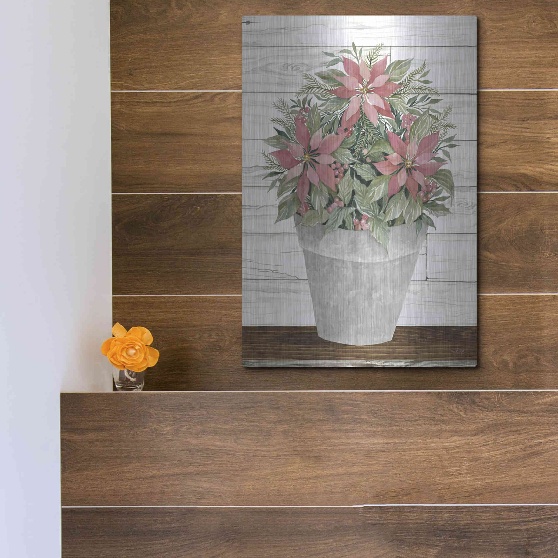 Luxe Metal Art 'Pot of Poinsettias' by Cindy Jacobs, Metal Wall Art,12x16