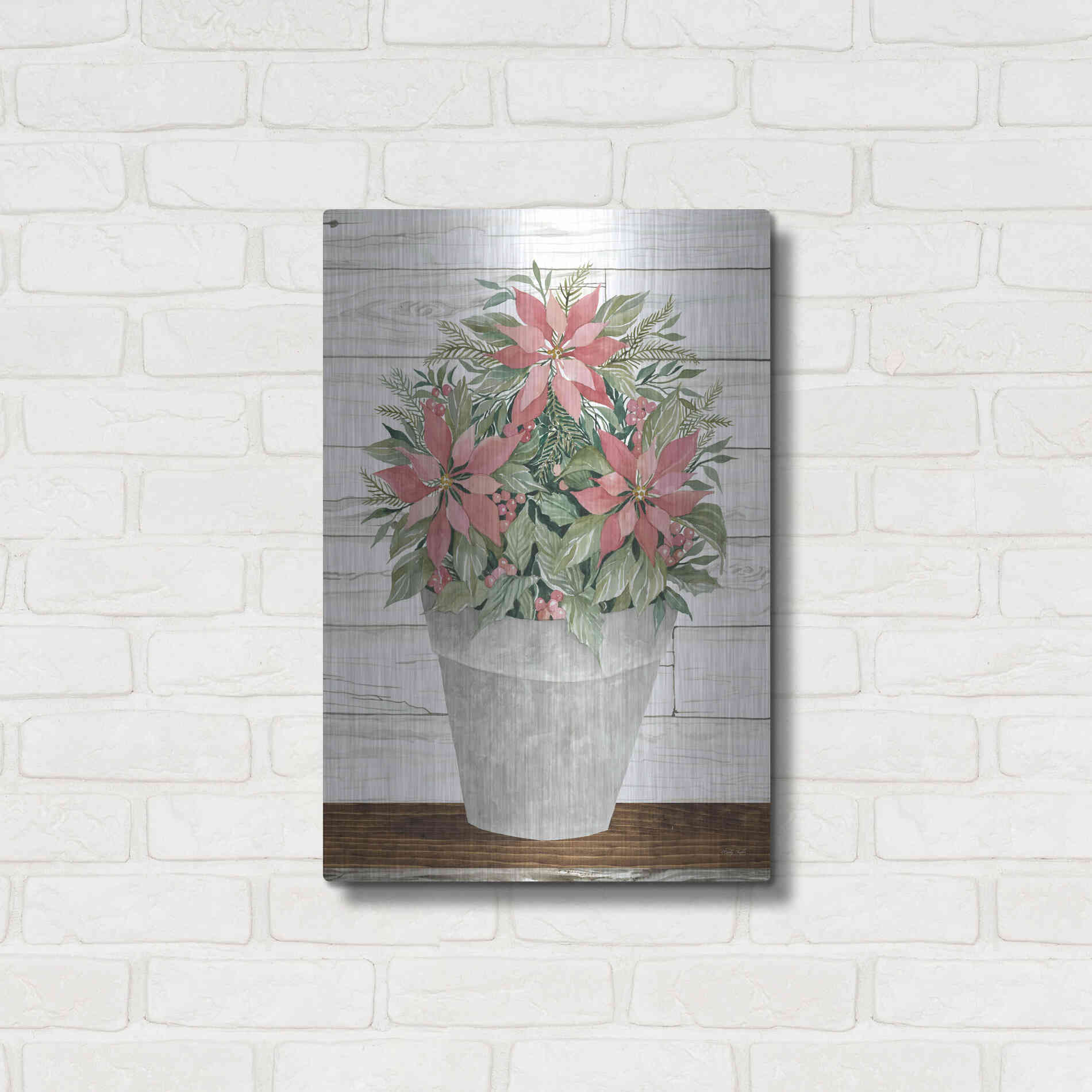Luxe Metal Art 'Pot of Poinsettias' by Cindy Jacobs, Metal Wall Art,16x24