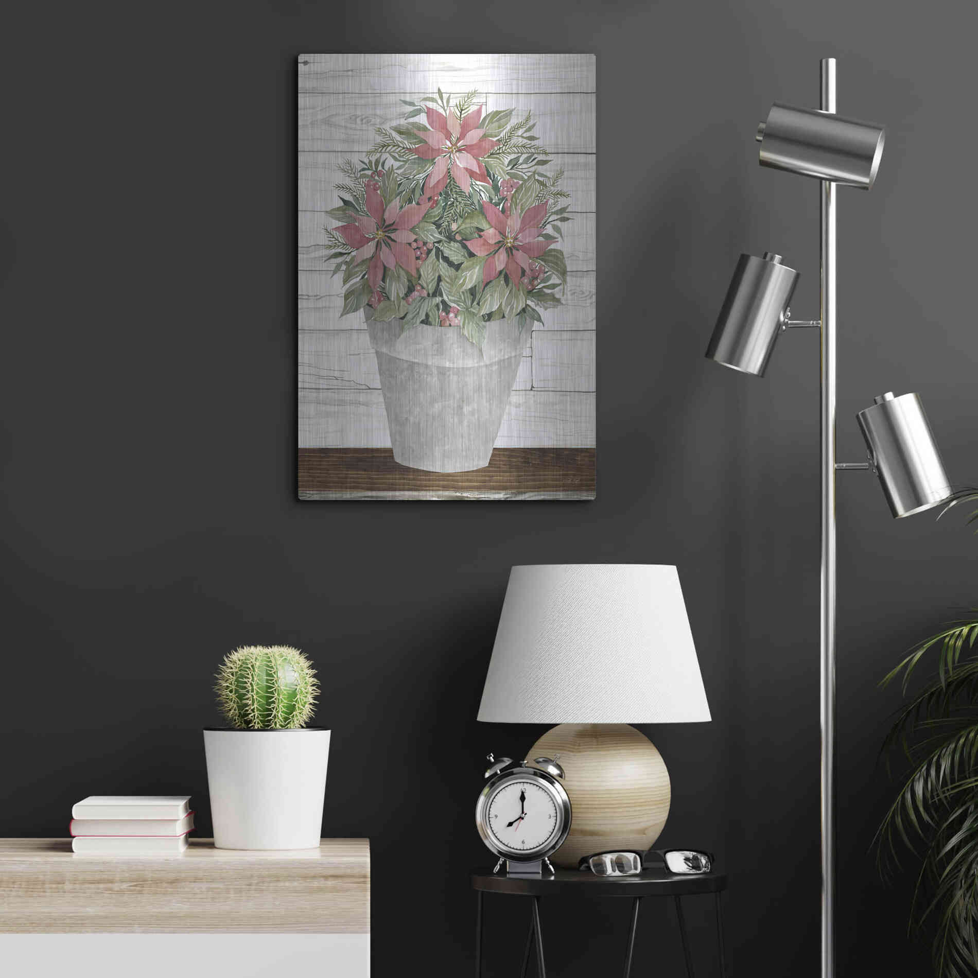 Luxe Metal Art 'Pot of Poinsettias' by Cindy Jacobs, Metal Wall Art,16x24