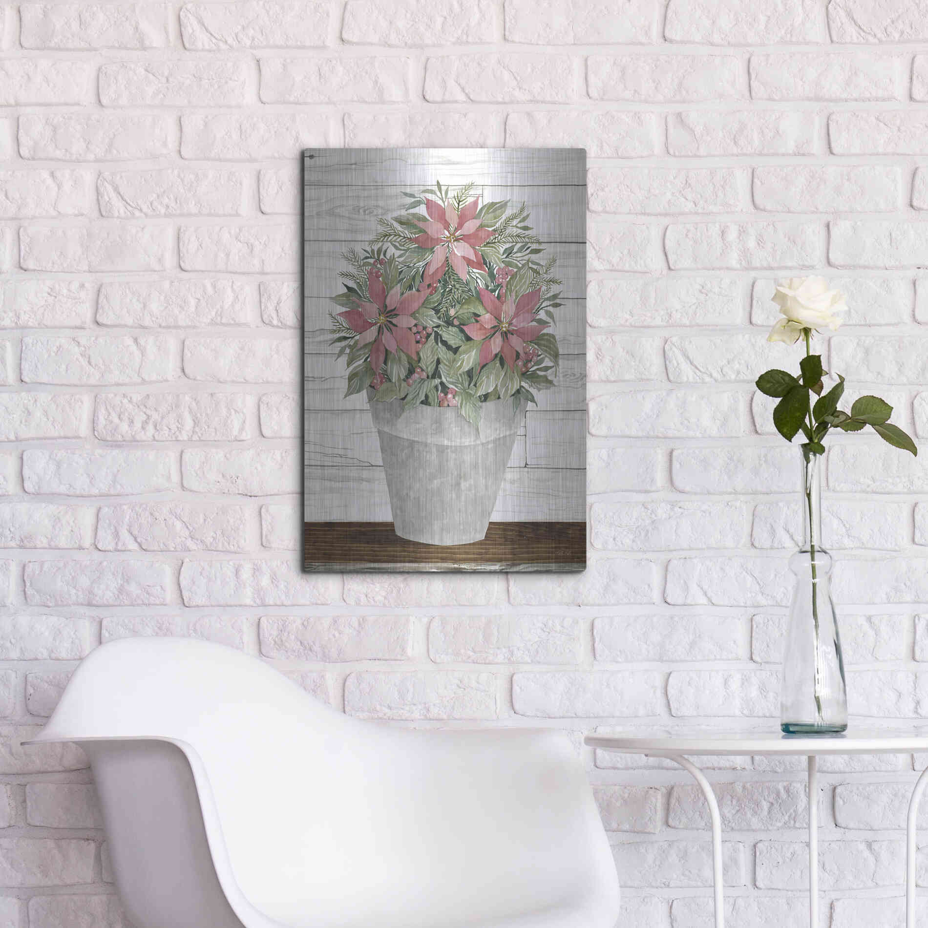 Luxe Metal Art 'Pot of Poinsettias' by Cindy Jacobs, Metal Wall Art,16x24
