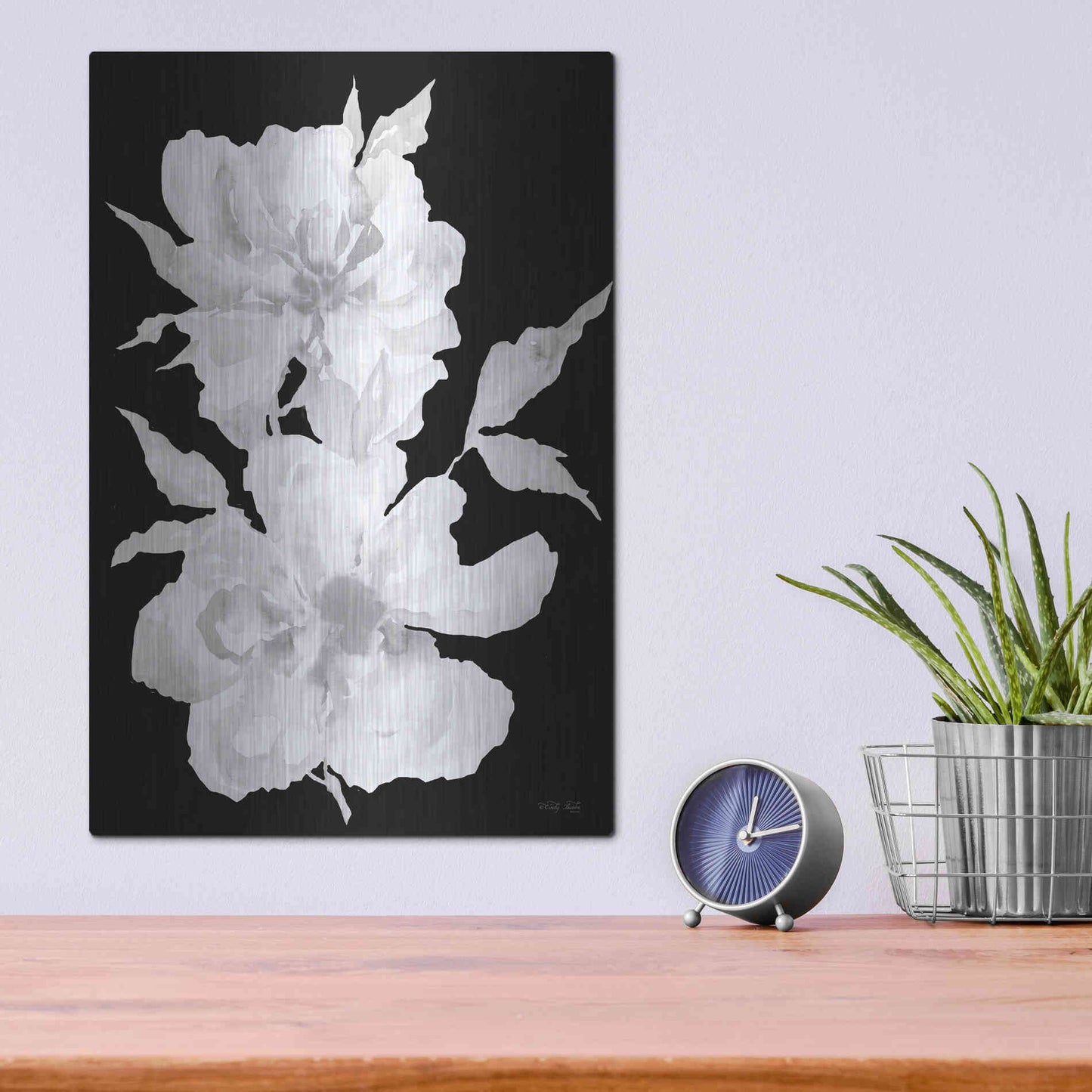 Luxe Metal Art 'Black & White Flowers I' by Cindy Jacobs, Metal Wall Art,12x16