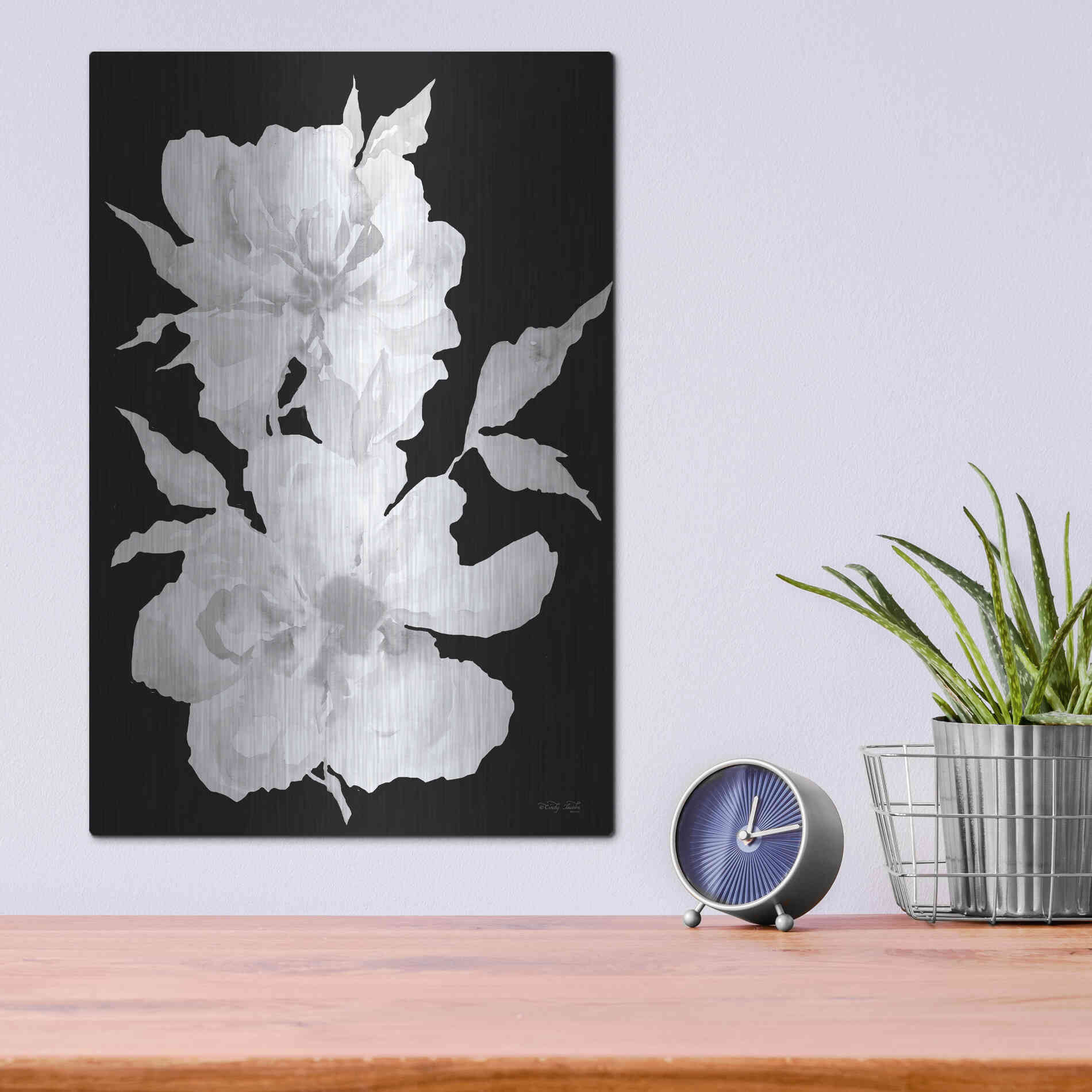 Luxe Metal Art 'Black & White Flowers I' by Cindy Jacobs, Metal Wall Art,12x16