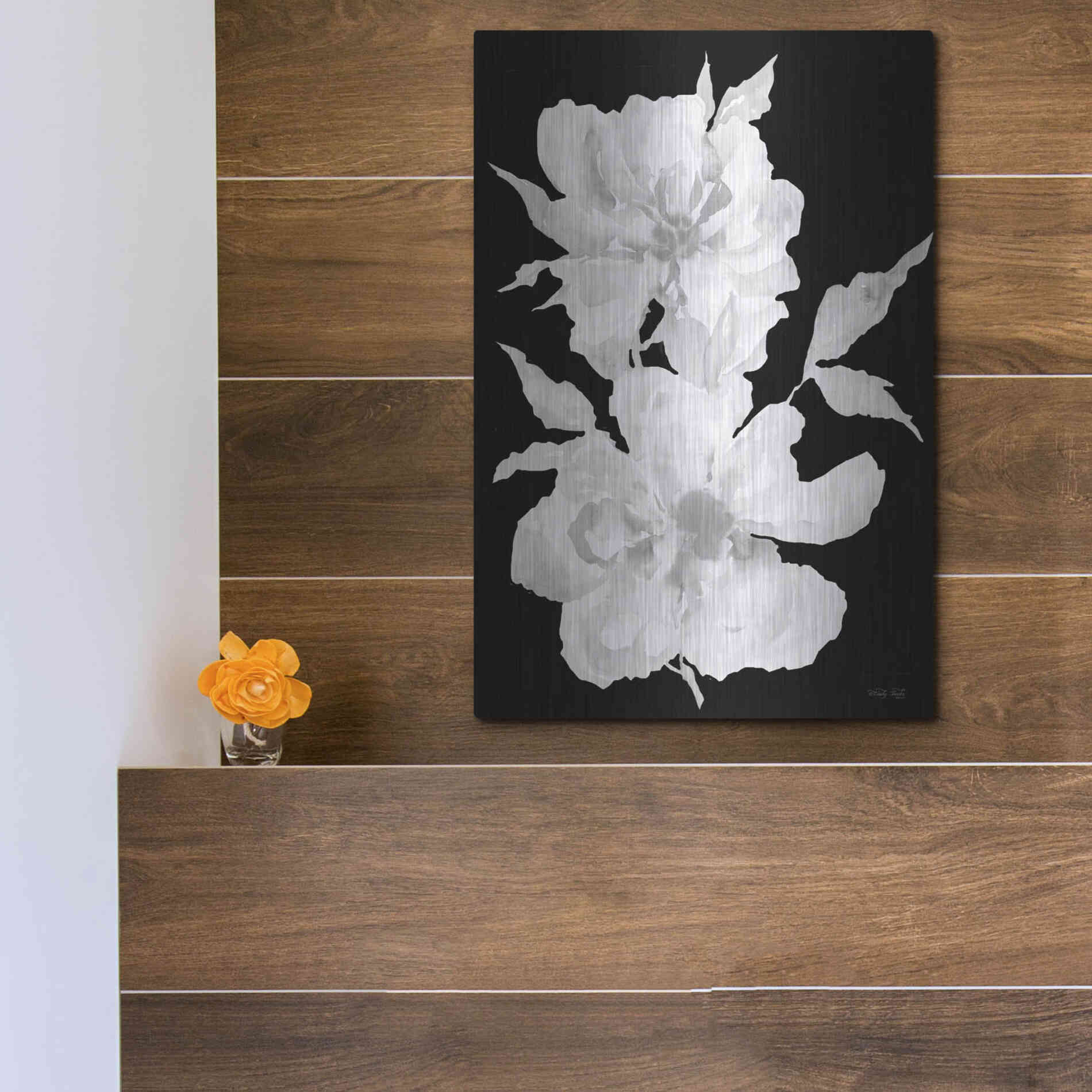 Luxe Metal Art 'Black & White Flowers I' by Cindy Jacobs, Metal Wall Art,12x16