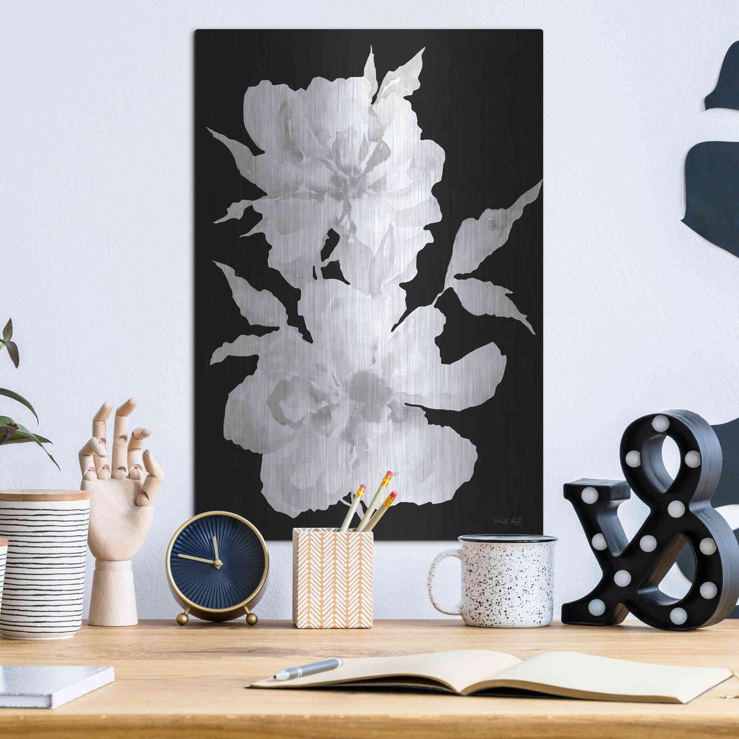 Luxe Metal Art 'Black & White Flowers I' by Cindy Jacobs, Metal Wall Art,12x16