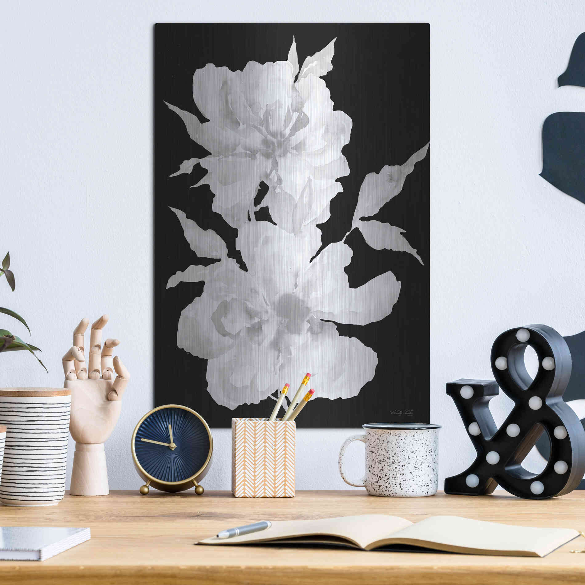 Luxe Metal Art 'Black & White Flowers I' by Cindy Jacobs, Metal Wall Art,12x16