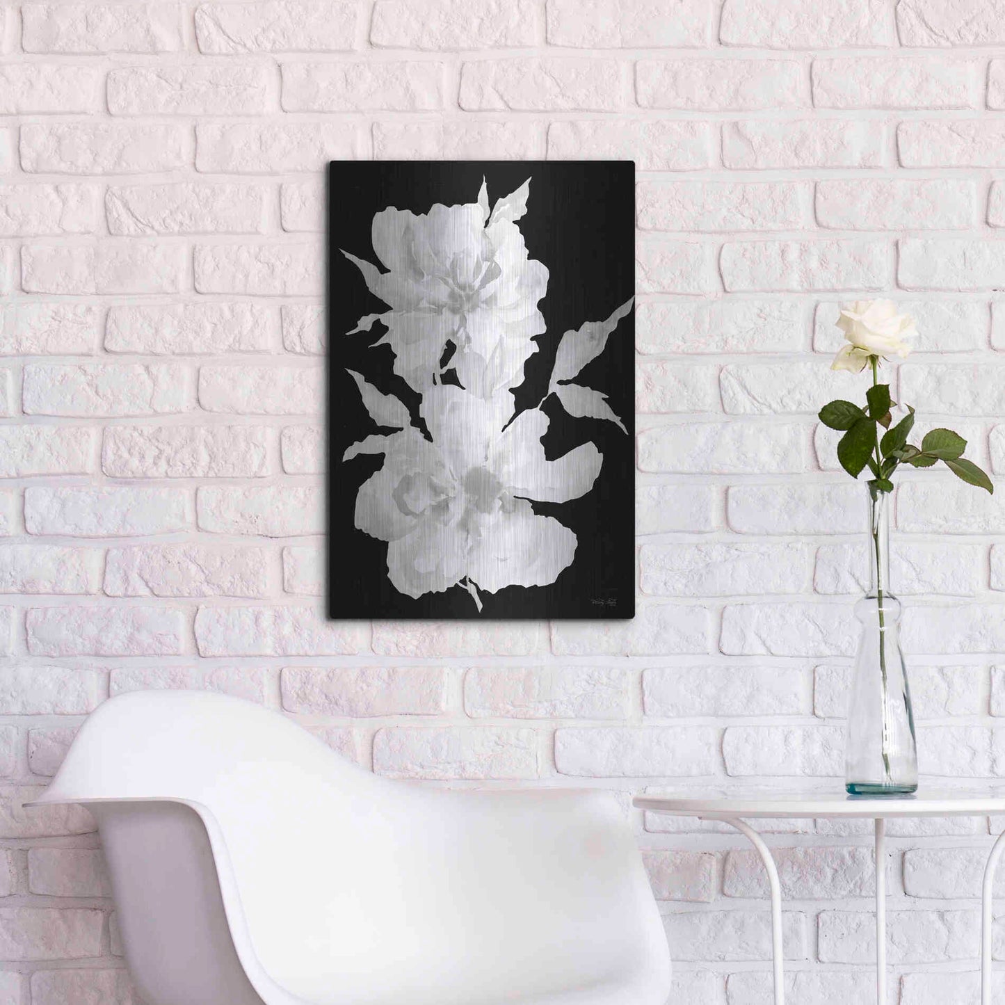 Luxe Metal Art 'Black & White Flowers I' by Cindy Jacobs, Metal Wall Art,16x24