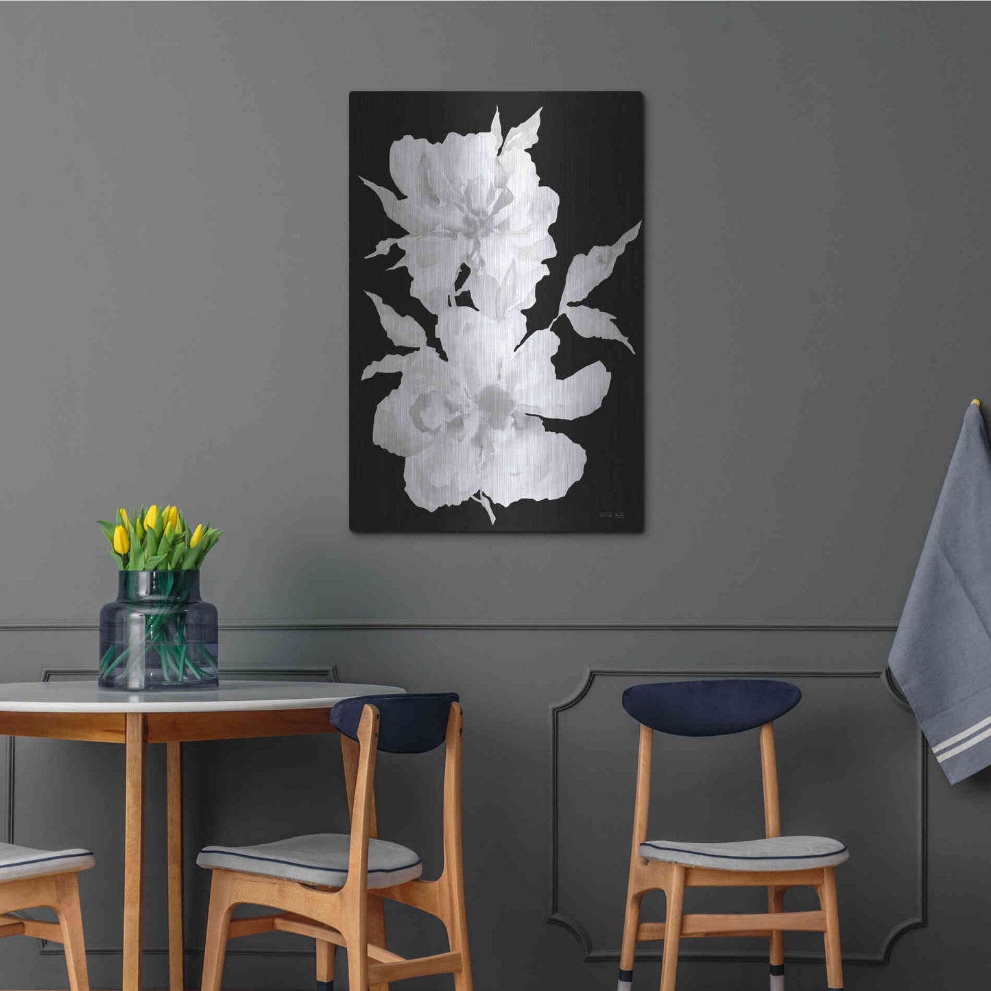 Luxe Metal Art 'Black & White Flowers I' by Cindy Jacobs, Metal Wall Art,24x36