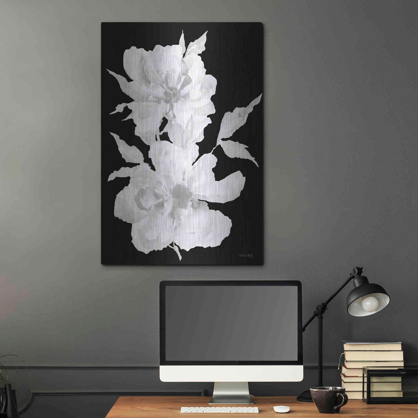 Luxe Metal Art 'Black & White Flowers I' by Cindy Jacobs, Metal Wall Art,24x36