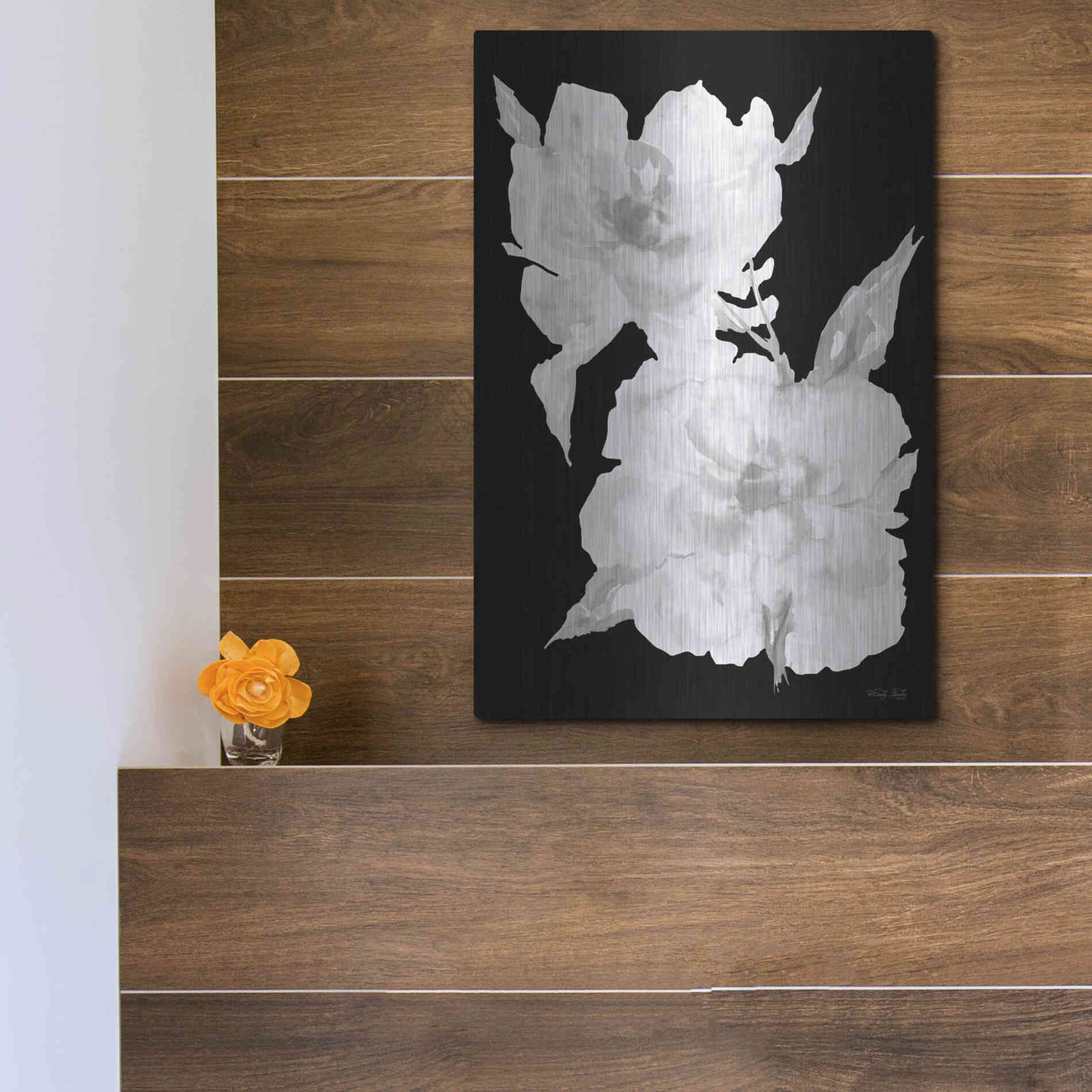 Luxe Metal Art 'Black & White Flowers II' by Cindy Jacobs, Metal Wall Art,12x16