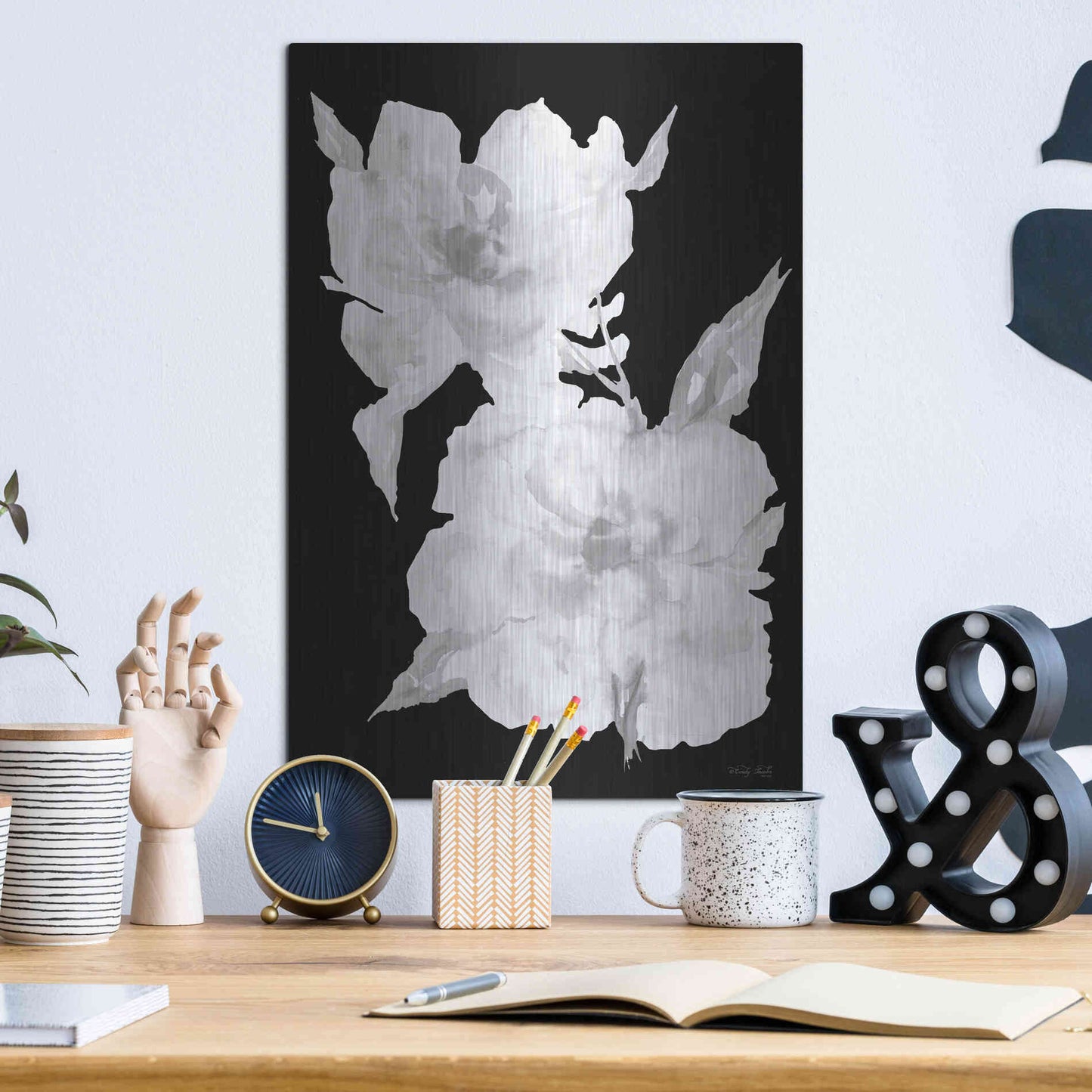 Luxe Metal Art 'Black & White Flowers II' by Cindy Jacobs, Metal Wall Art,12x16