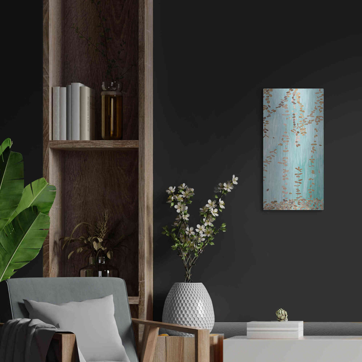 Luxe Metal Art 'Trailing Vines II Blue' by Candra Boggs, Metal Wall Art,12x24