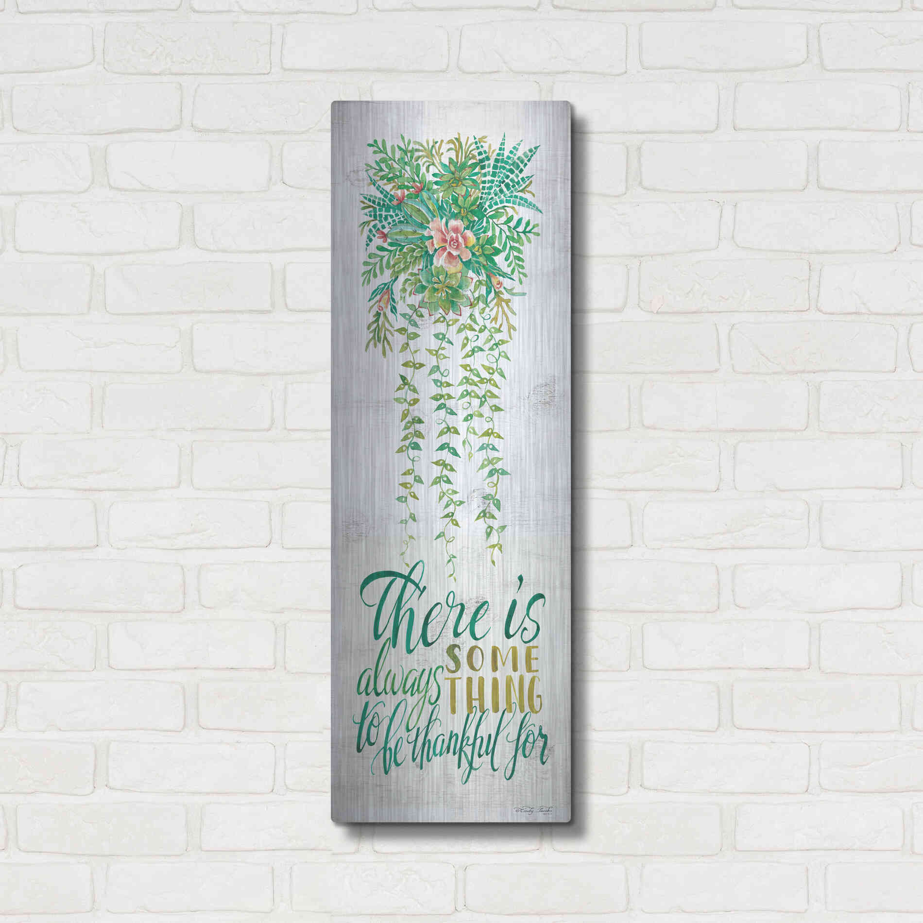 Luxe Metal Art 'Be Thankful For Hanging Plant' by Cindy Jacobs, Metal Wall Art,12x36