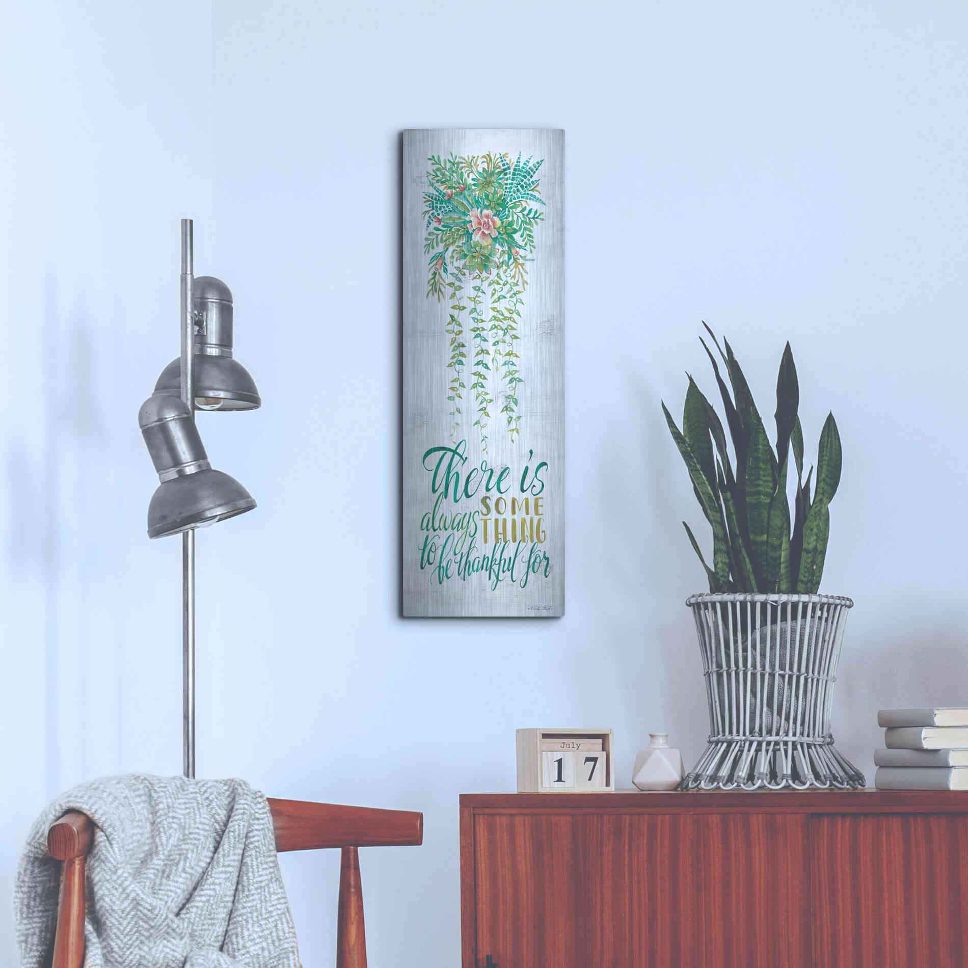 Luxe Metal Art 'Be Thankful For Hanging Plant' by Cindy Jacobs, Metal Wall Art,12x36