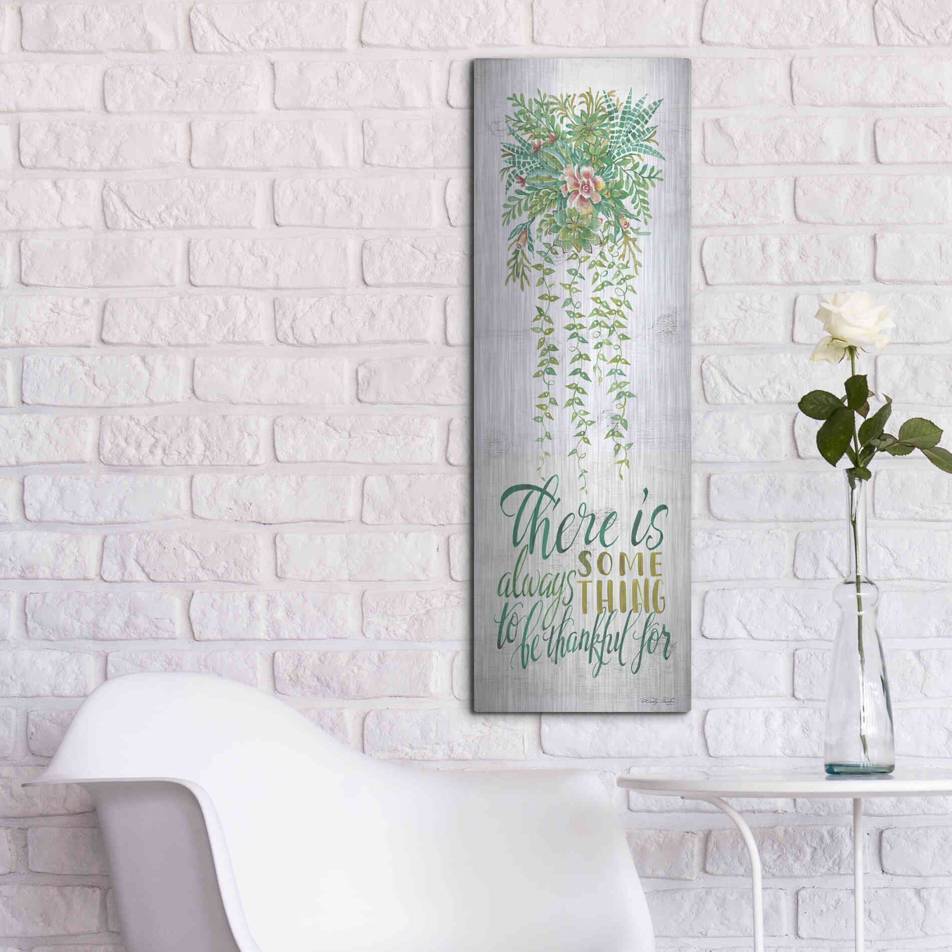 Luxe Metal Art 'Be Thankful For Hanging Plant' by Cindy Jacobs, Metal Wall Art,12x36