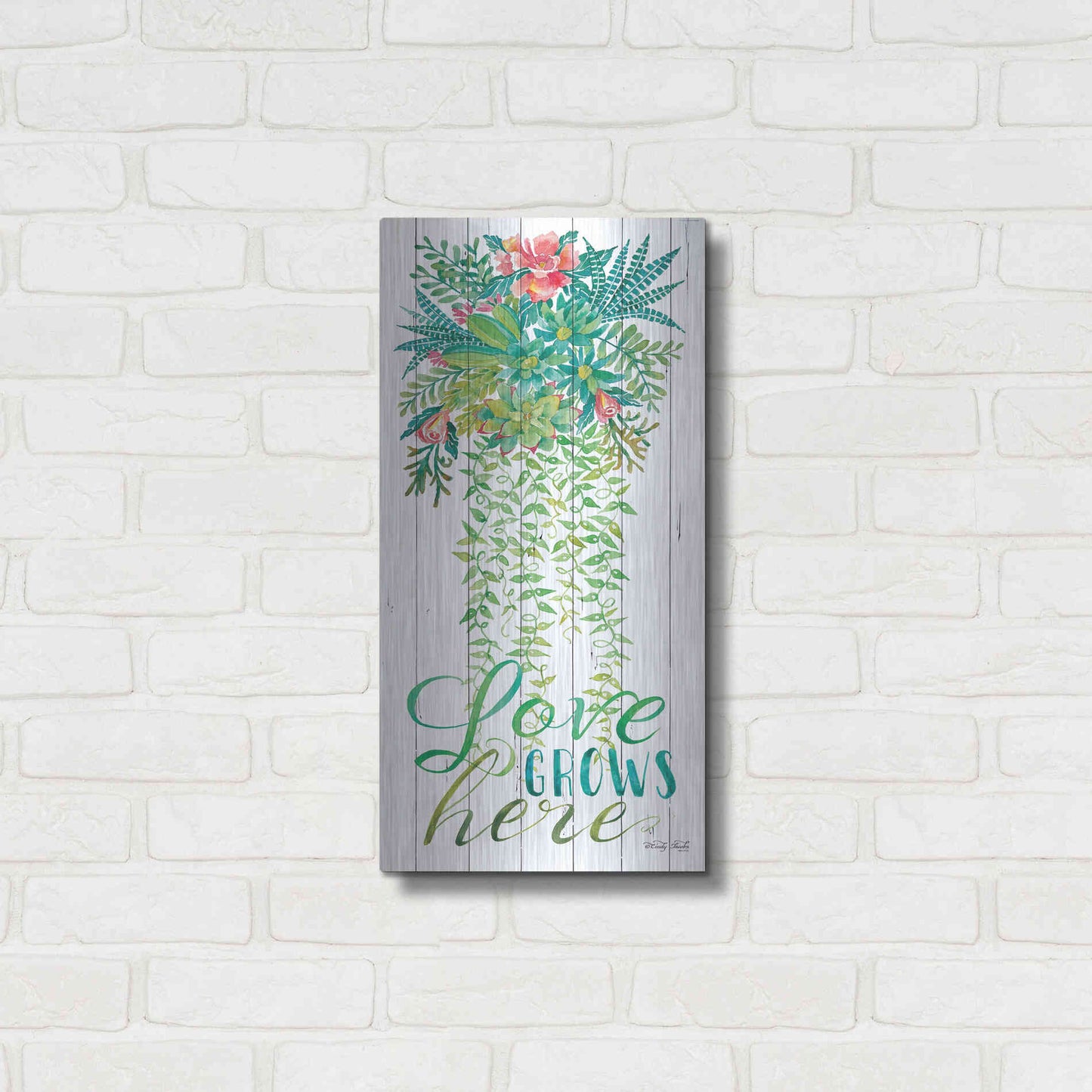 Luxe Metal Art 'Love Grows Hanging Plant' by Cindy Jacobs, Metal Wall Art,12x24